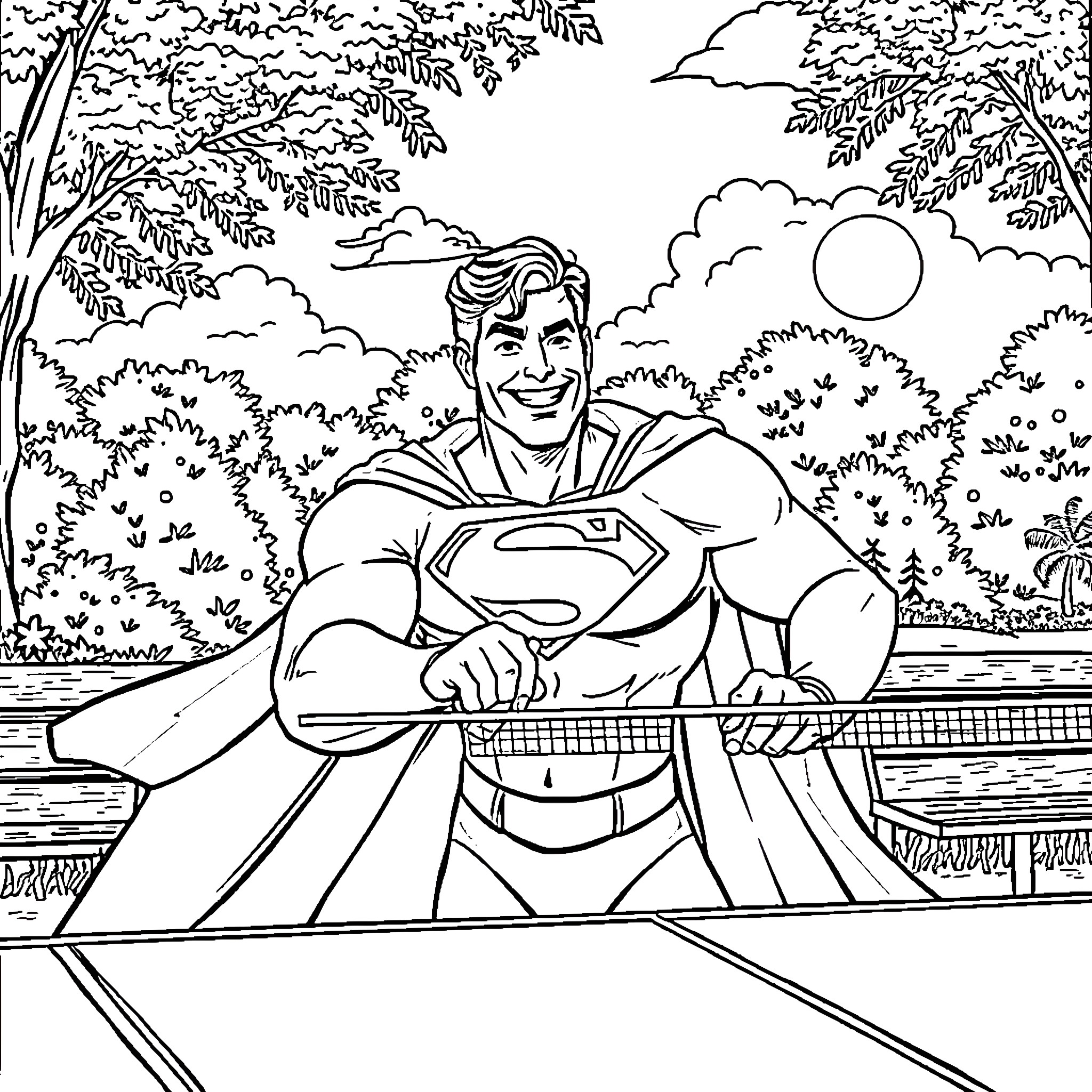 Superman resting peacefully in nature Coloring Page (free black-and-white line drawing printable PDF for all, from beginners to advanced learners, including children, teens, adults, and seniors)