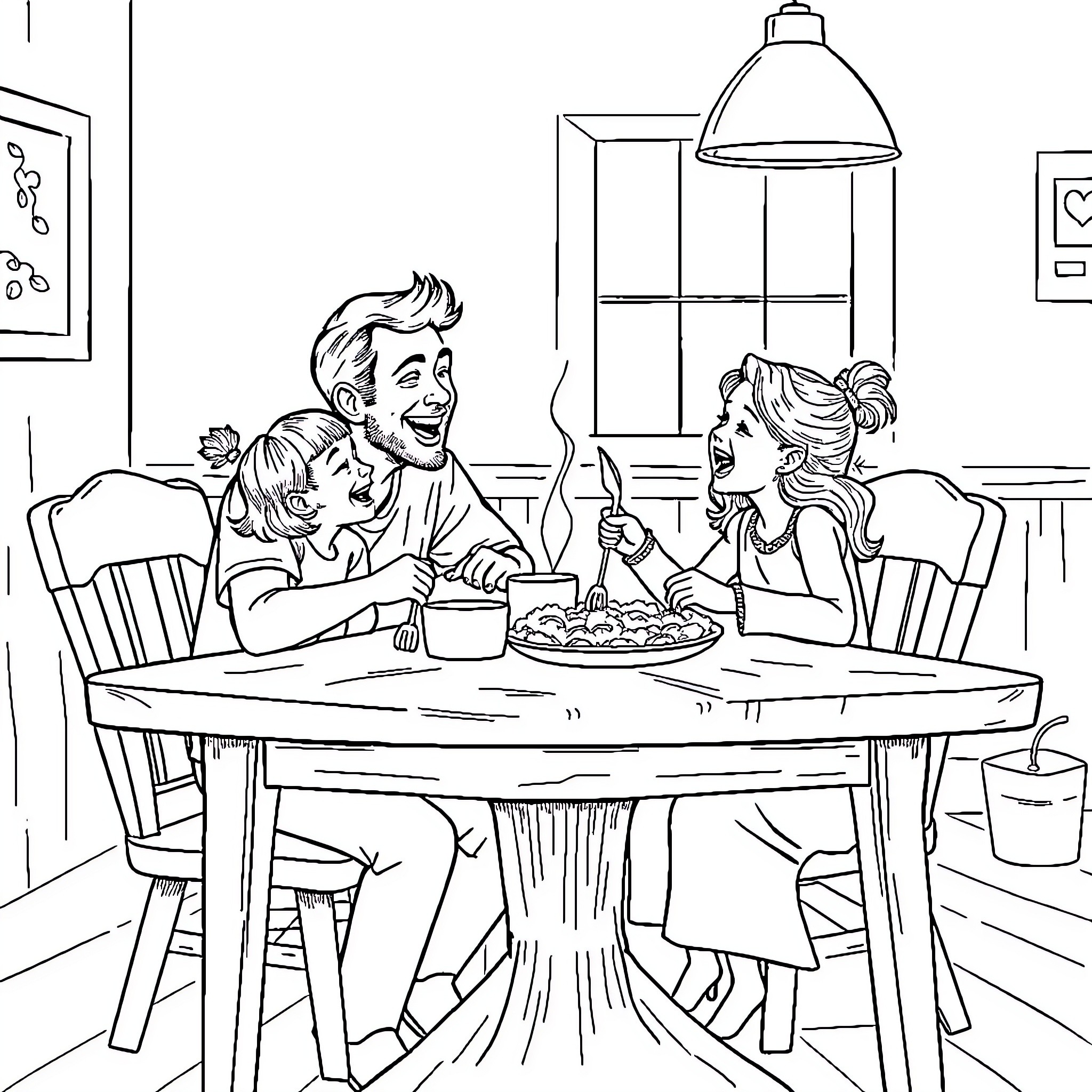 Dad enjoying a meal with his family at home Coloring Page (free black-and-white line drawing printable PDF for all, from beginners to advanced learners, including children, teens, adults, and seniors)