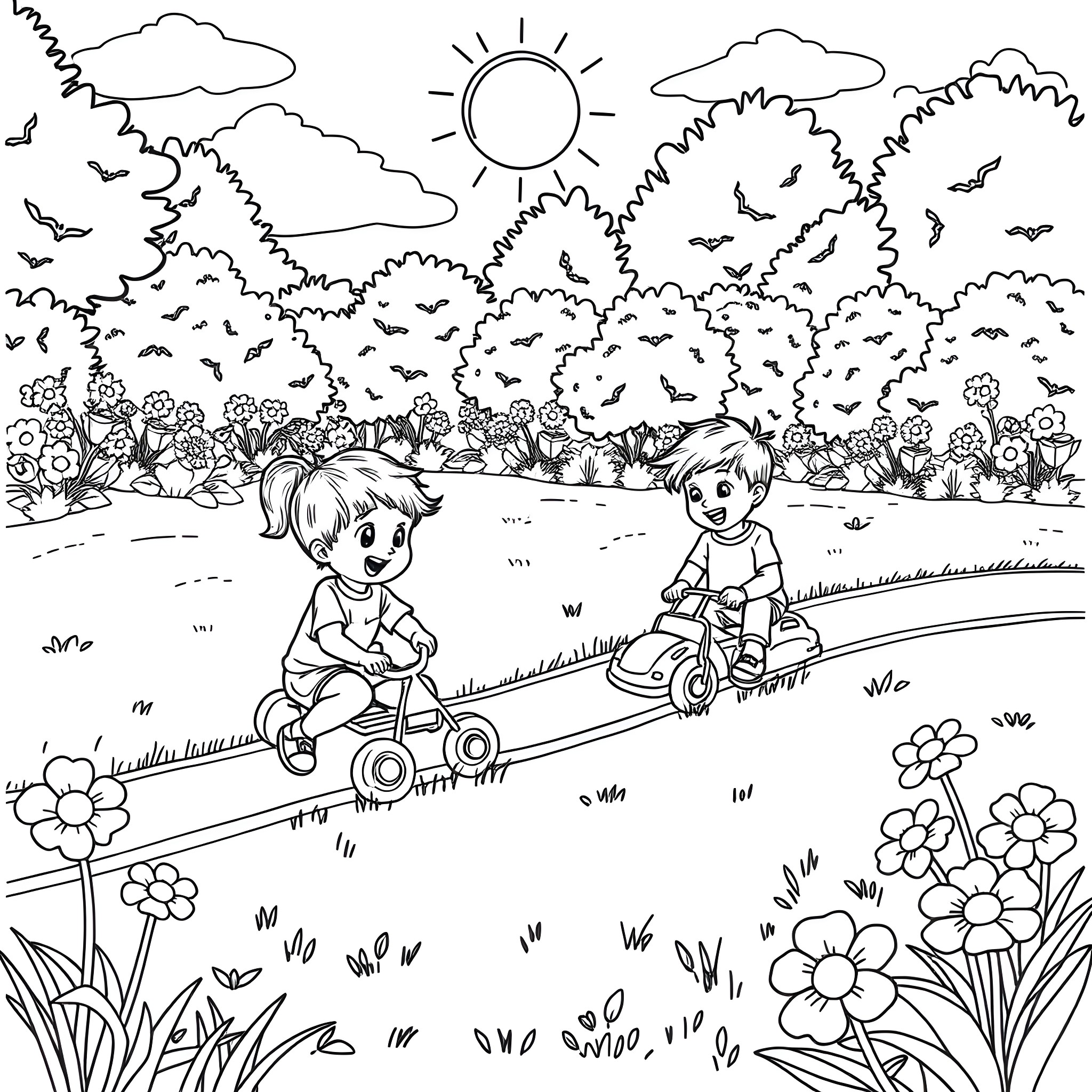Child playing happily with toys in nature Coloring Page (free black-and-white line drawing printable PDF for all, from beginners to advanced learners, including children, teens, adults, and seniors)