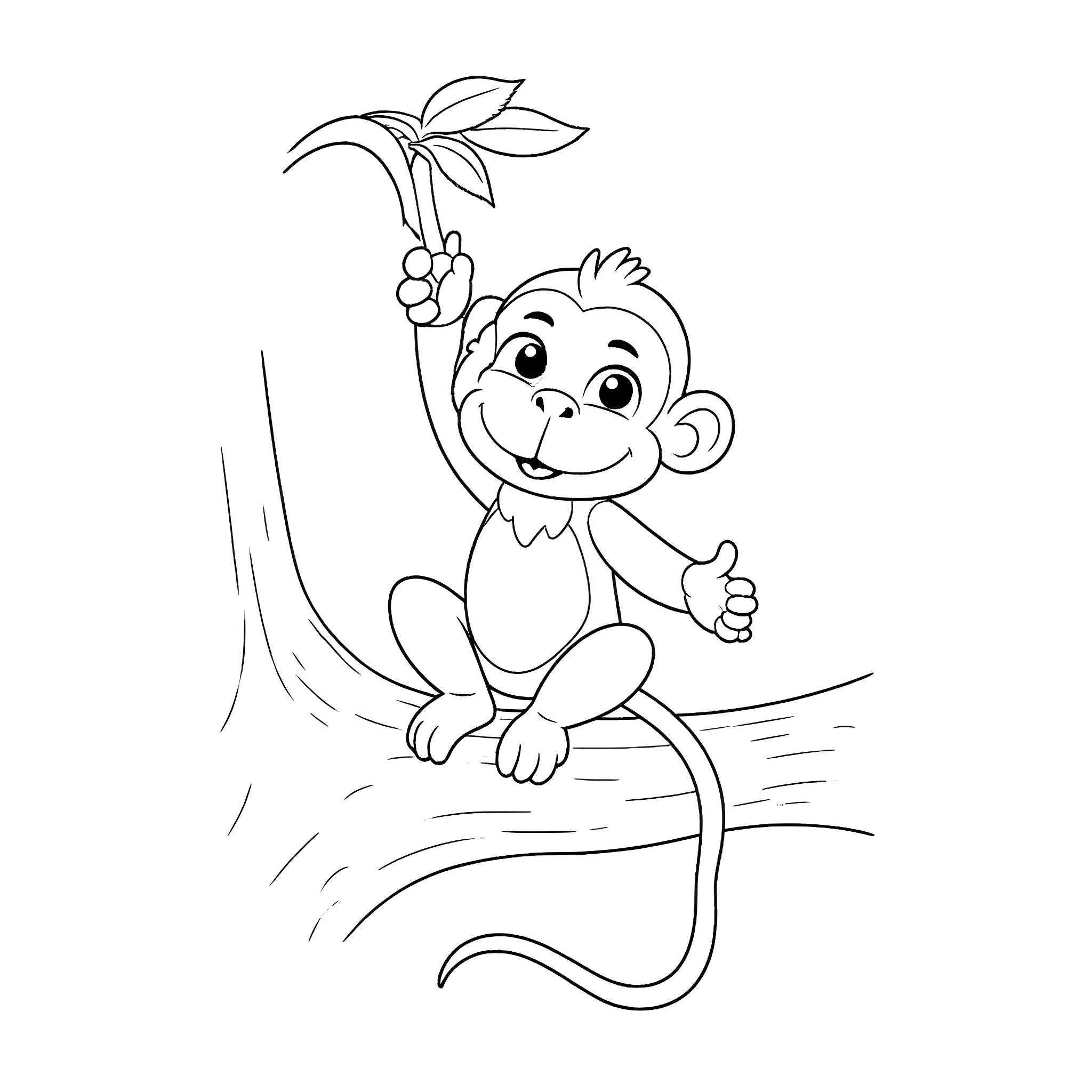 Banana monkey playfully holds a leaf Coloring Page (free black-and-white line drawing printable PDF for all, from beginners to advanced learners, including children, teens, adults, and seniors)
