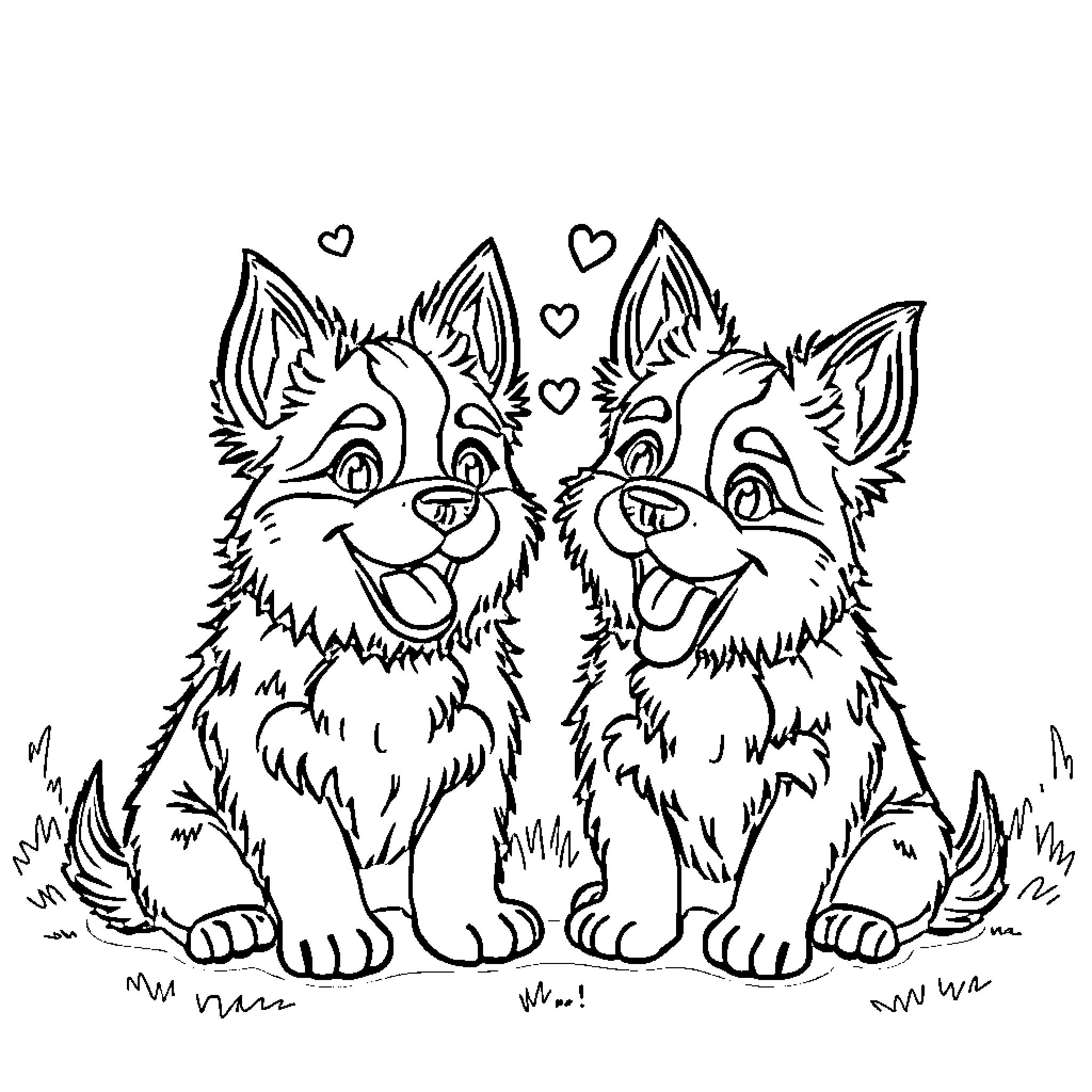 Bluey's playful puppies in love Coloring Page (free black-and-white line drawing printable PDF for all, from beginners to advanced learners, including children, teens, adults, and seniors)