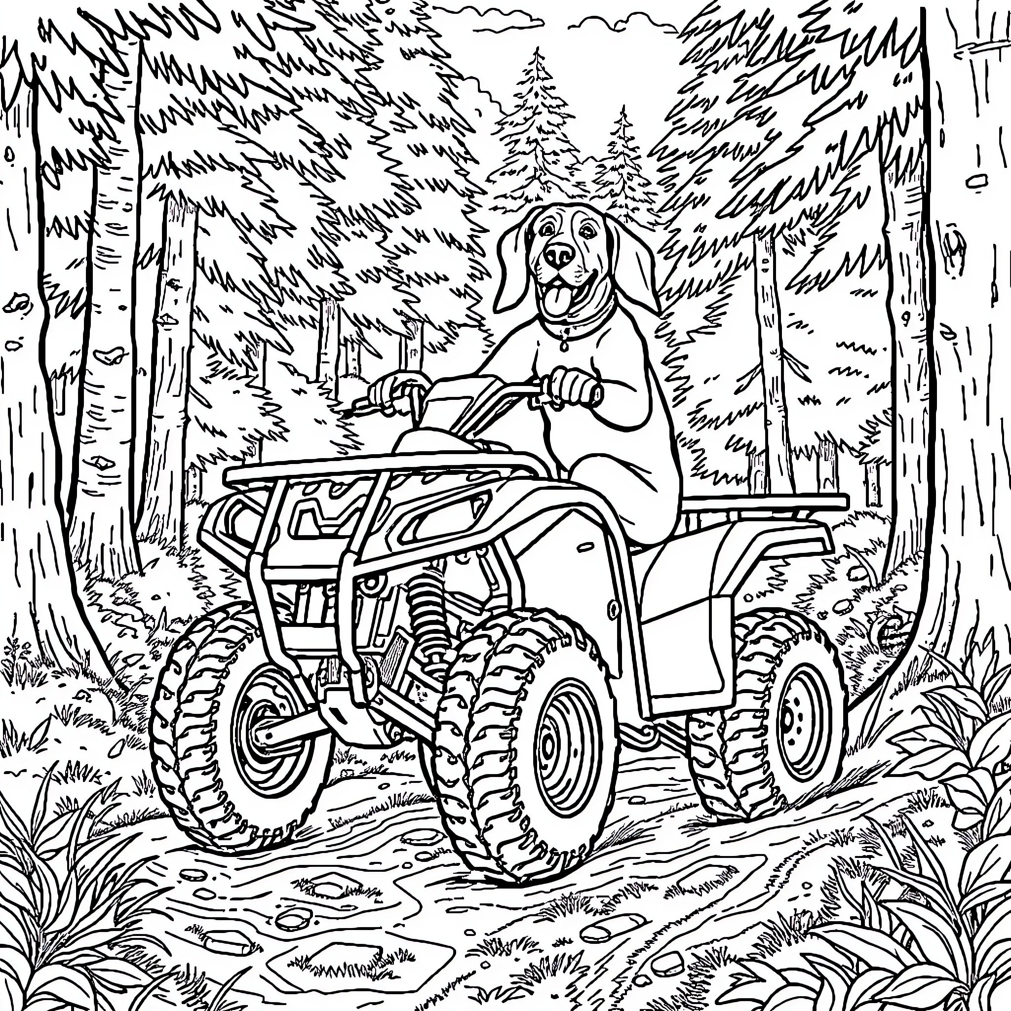 Hound Dog riding an ATV through the forest Coloring Page (free black-and-white line drawing printable PDF for all, from beginners to advanced learners, including children, teens, adults, and seniors)