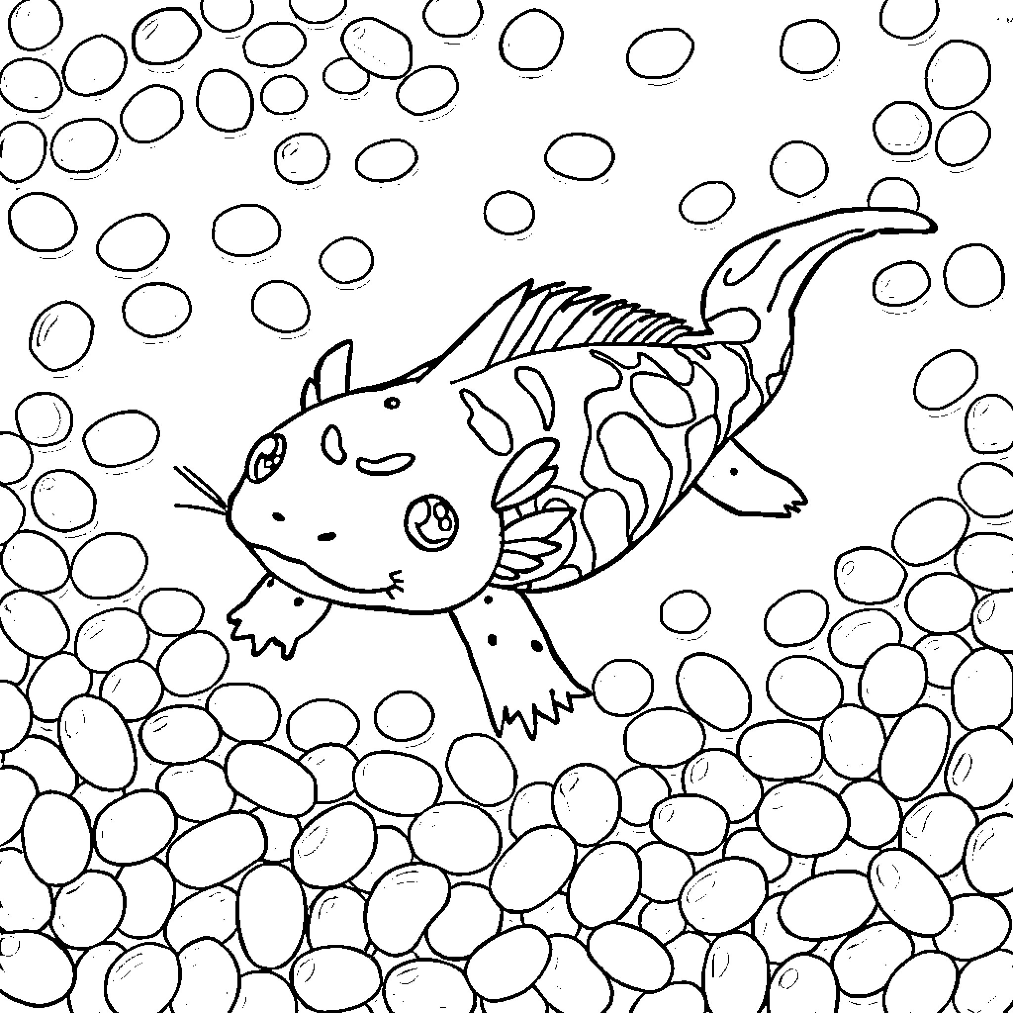 Axolotl swimming among bubbles Coloring Page (free black-and-white line drawing printable PDF for all, from beginners to advanced learners, including children, teens, adults, and seniors)