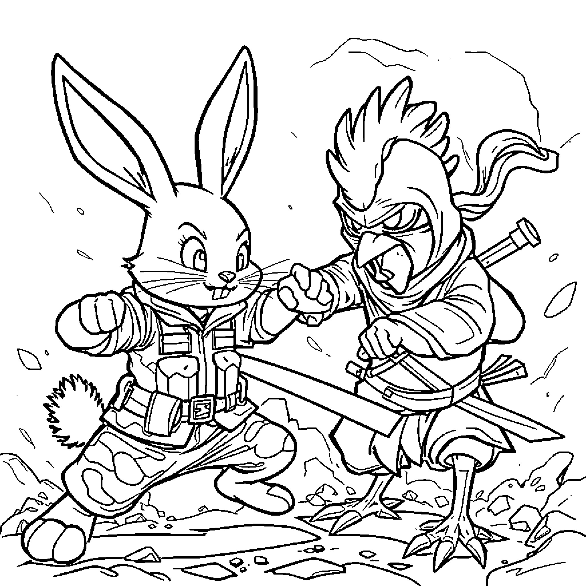 Bunny Warrior and Rooster Archer in Battle Coloring Page (free black-and-white line drawing printable PDF for all, from beginners to advanced learners, including children, teens, adults, and seniors)