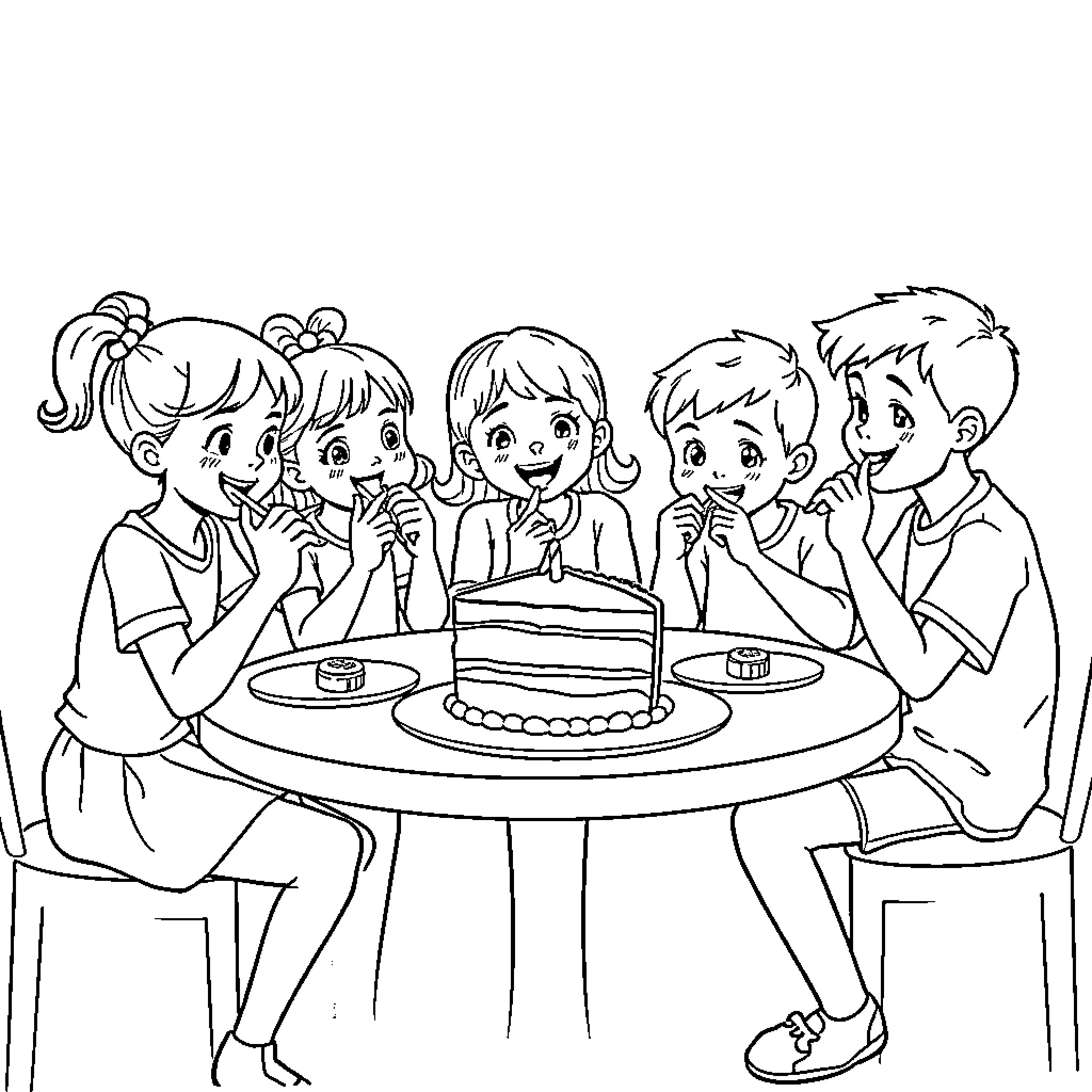 Girl and Boy Celebrating Birthday Together Coloring Page (free black-and-white line drawing printable PDF for all, from beginners to advanced learners, including children, teens, adults, and seniors)