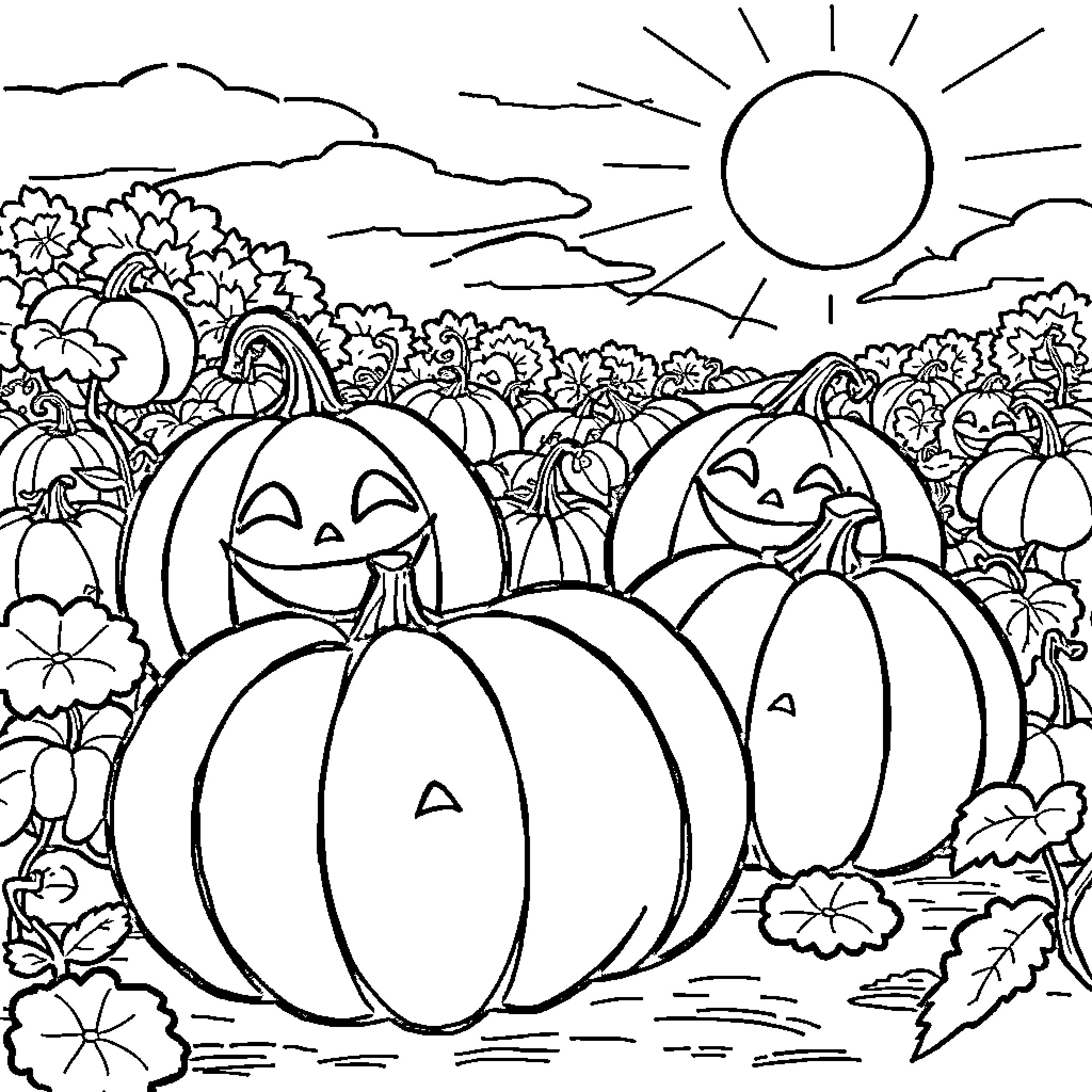 Pumpkin Patch with Smiling Gourds and Sunshine Coloring Page (free black-and-white line drawing printable PDF for all, from beginners to advanced learners, including children, teens, adults, and seniors)