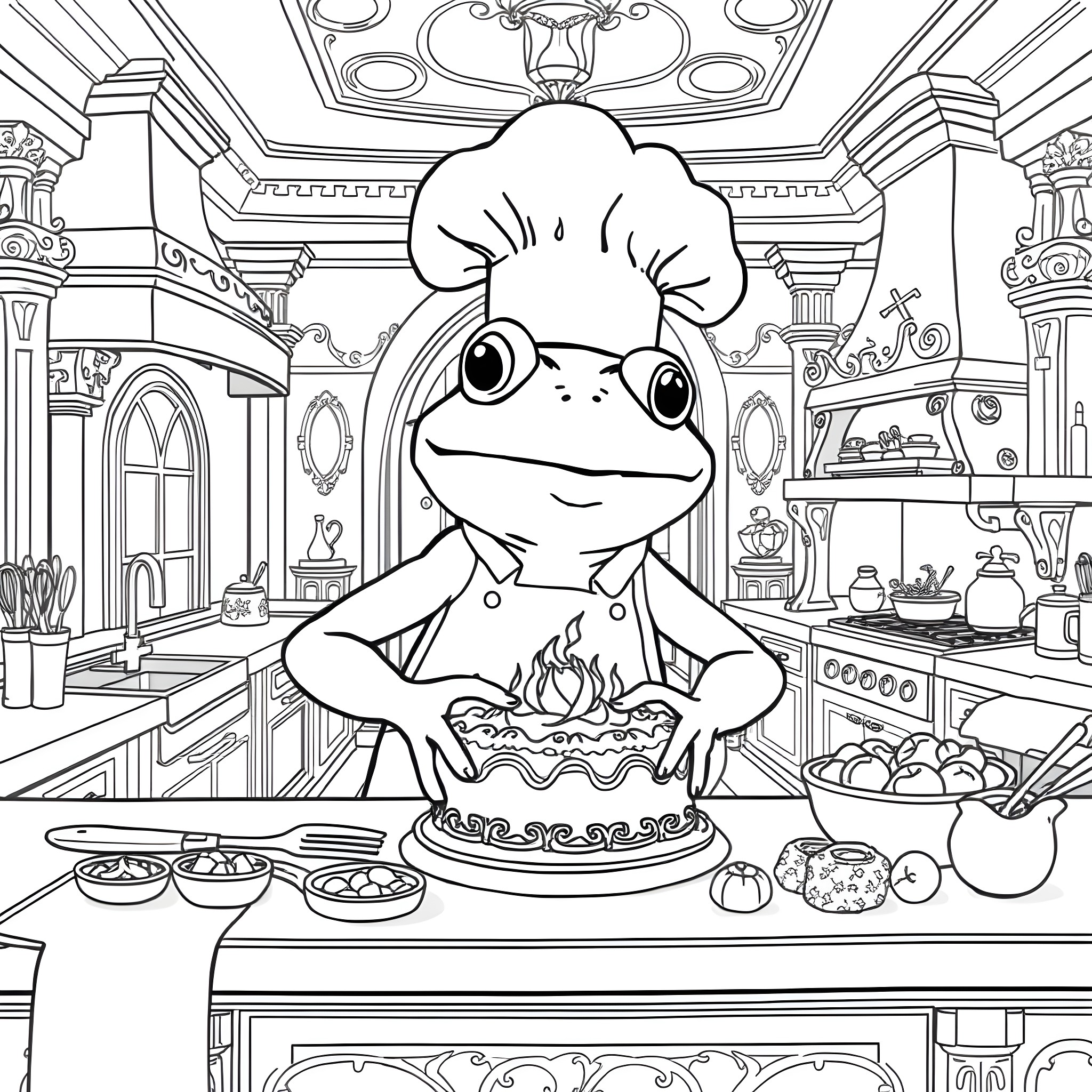 Frog Chef Preparing a Delicious Meal in the Kitchen Coloring Page (free black-and-white line drawing printable PDF for all, from beginners to advanced learners, including children, teens, adults, and seniors)
