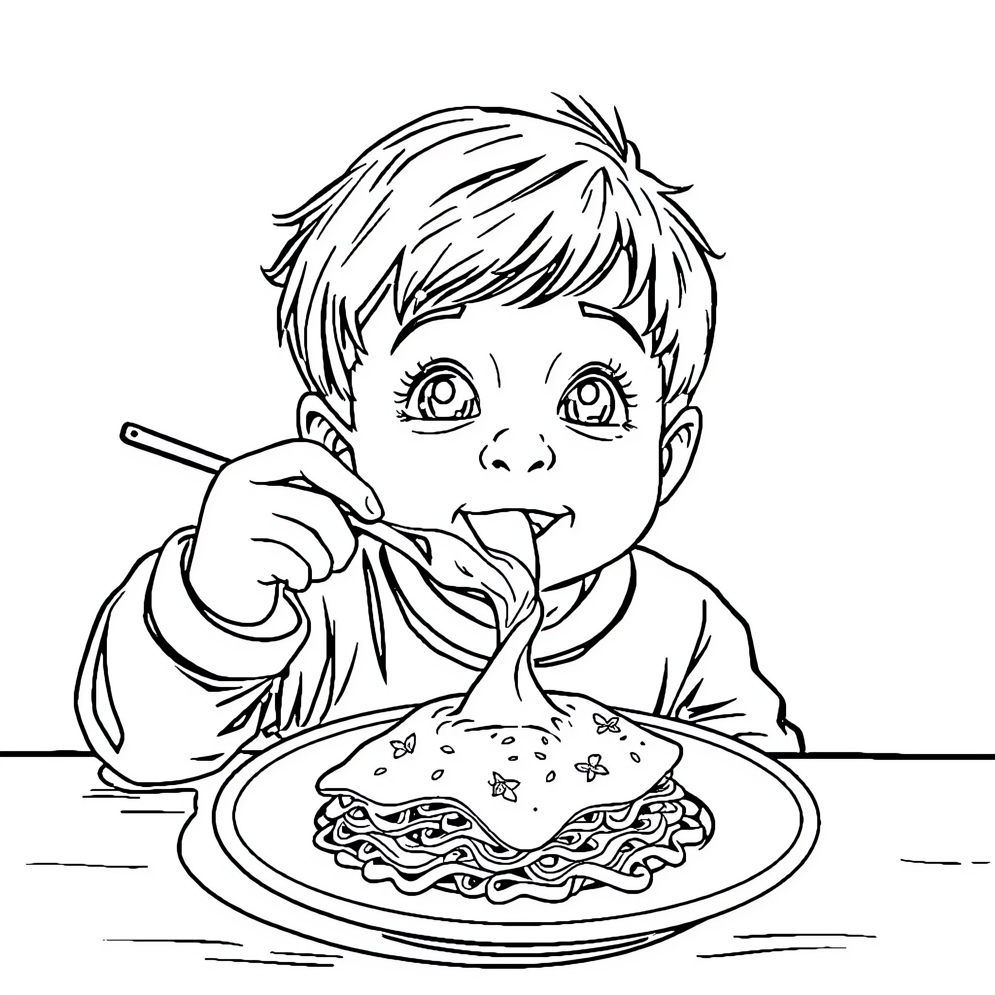 Niño enjoying a tasty meal Coloring Page (free black-and-white line drawing printable PDF for all, from beginners to advanced learners, including children, teens, adults, and seniors)