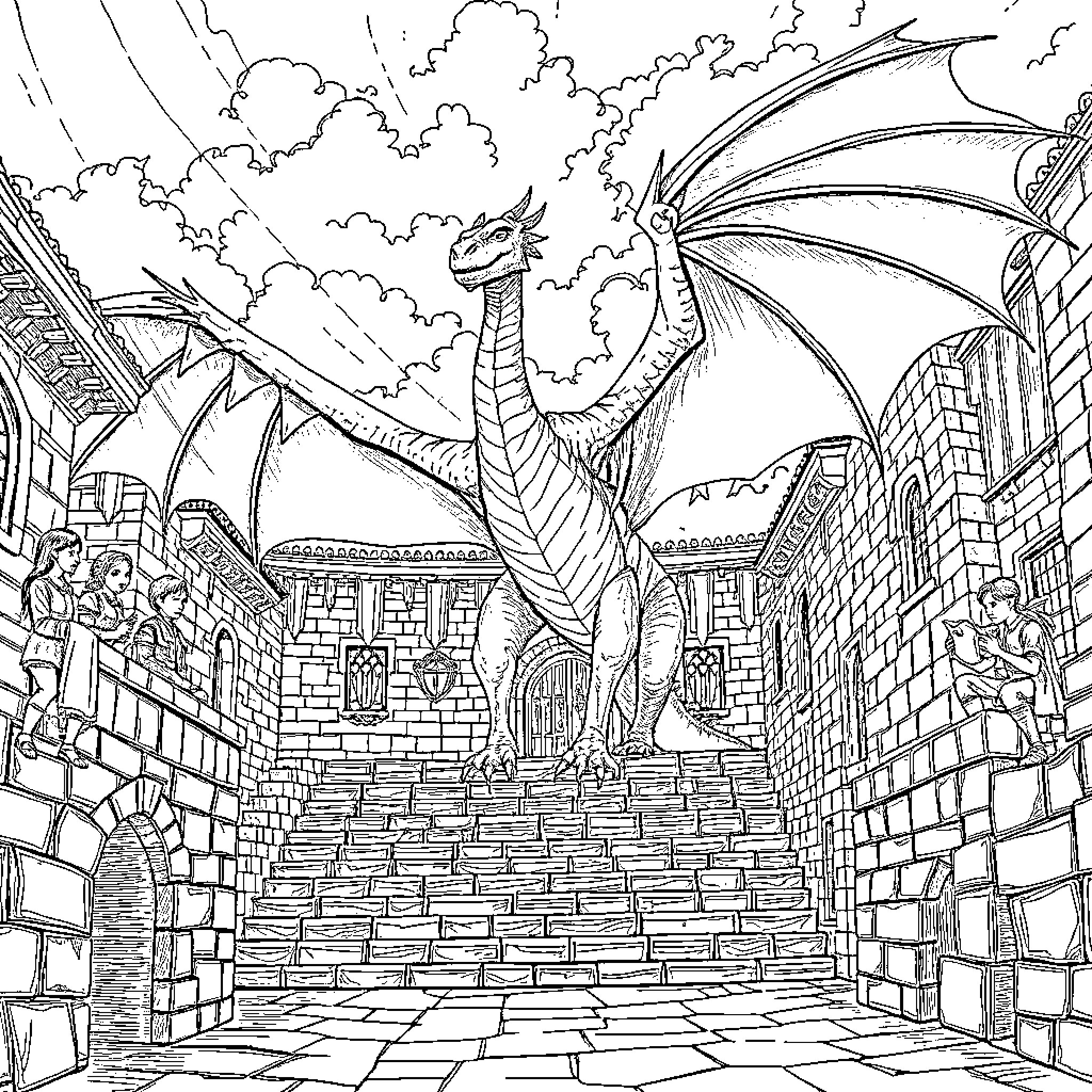 Dragon soaring over ancient castle with human figures Coloring Page (free black-and-white line drawing printable PDF for all, from beginners to advanced learners, including children, teens, adults, and seniors)