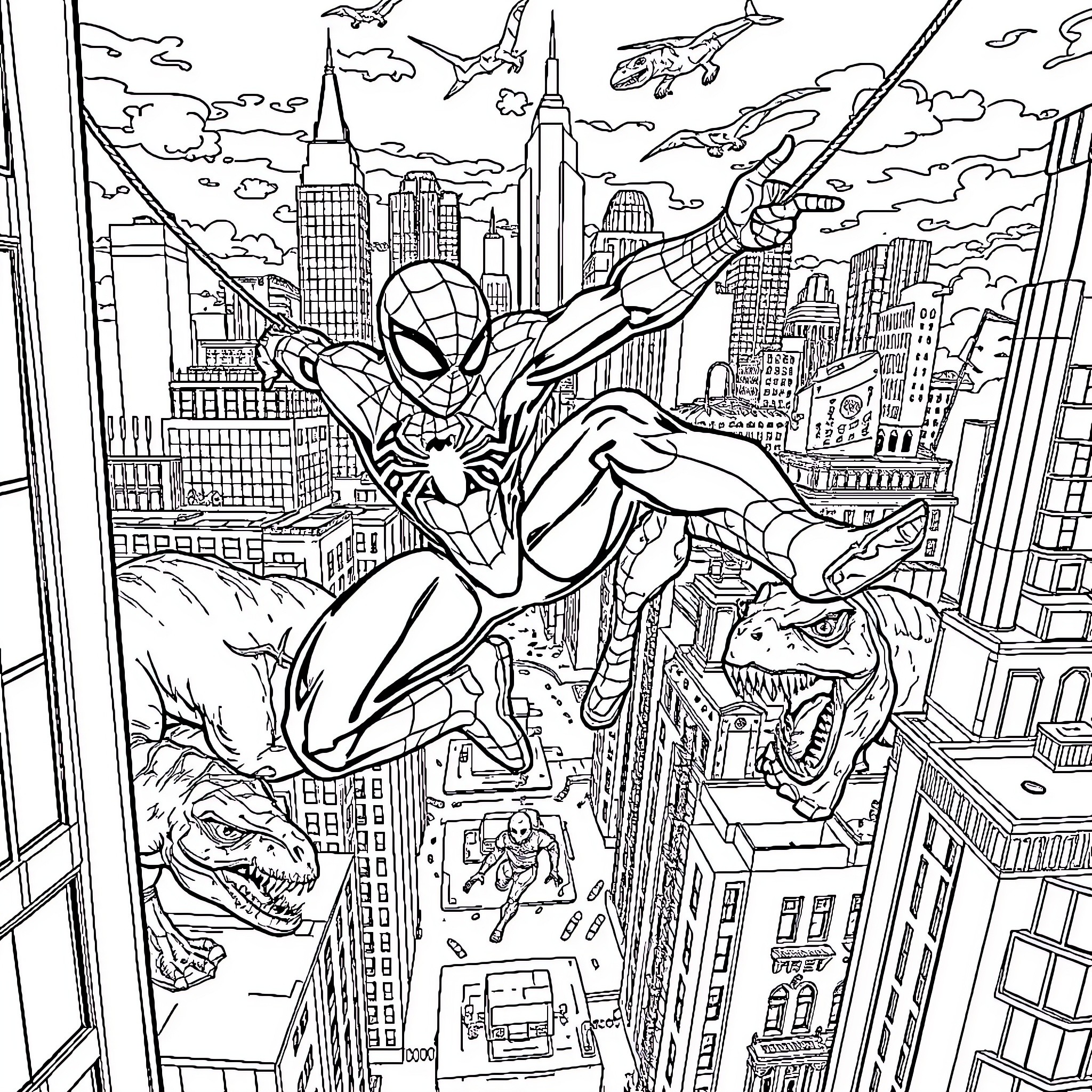 Spider-Man swinging through the city skyline Coloring Page (free black-and-white line drawing printable PDF for all, from beginners to advanced learners, including children, teens, adults, and seniors)