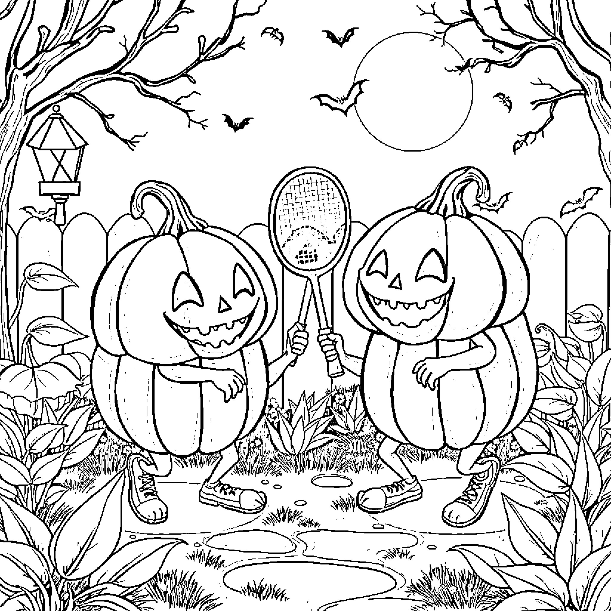 Pumpkin characters playing tennis in the spooky forest Coloring Page (free black-and-white line drawing printable PDF for all, from beginners to advanced learners, including children, teens, adults, and seniors)