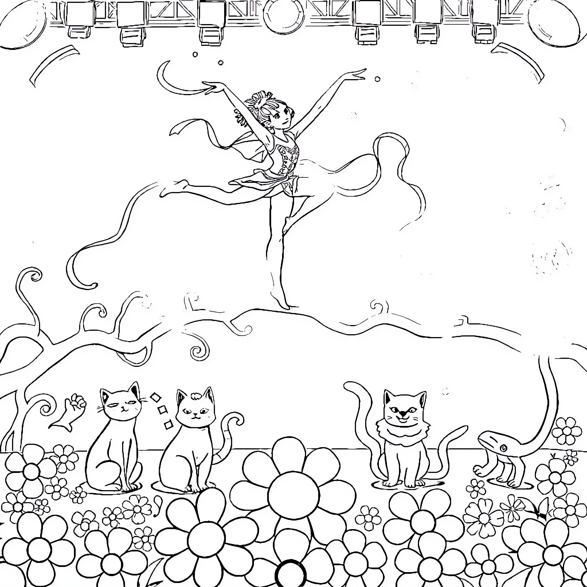 Gymnast performing graceful dance in floral field Coloring Page (free black-and-white line drawing printable PDF for all, from beginners to advanced learners, including children, teens, adults, and seniors)