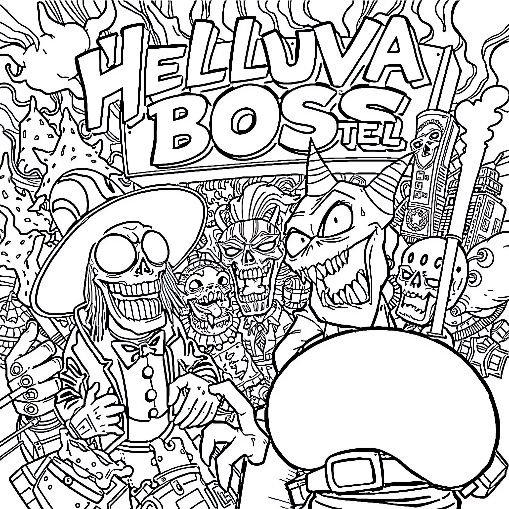 Helluva Boss - Chaotic Characters and Unusual Attire Coloring Page (free black-and-white line drawing printable PDF for all, from beginners to advanced learners, including children, teens, adults, and seniors)