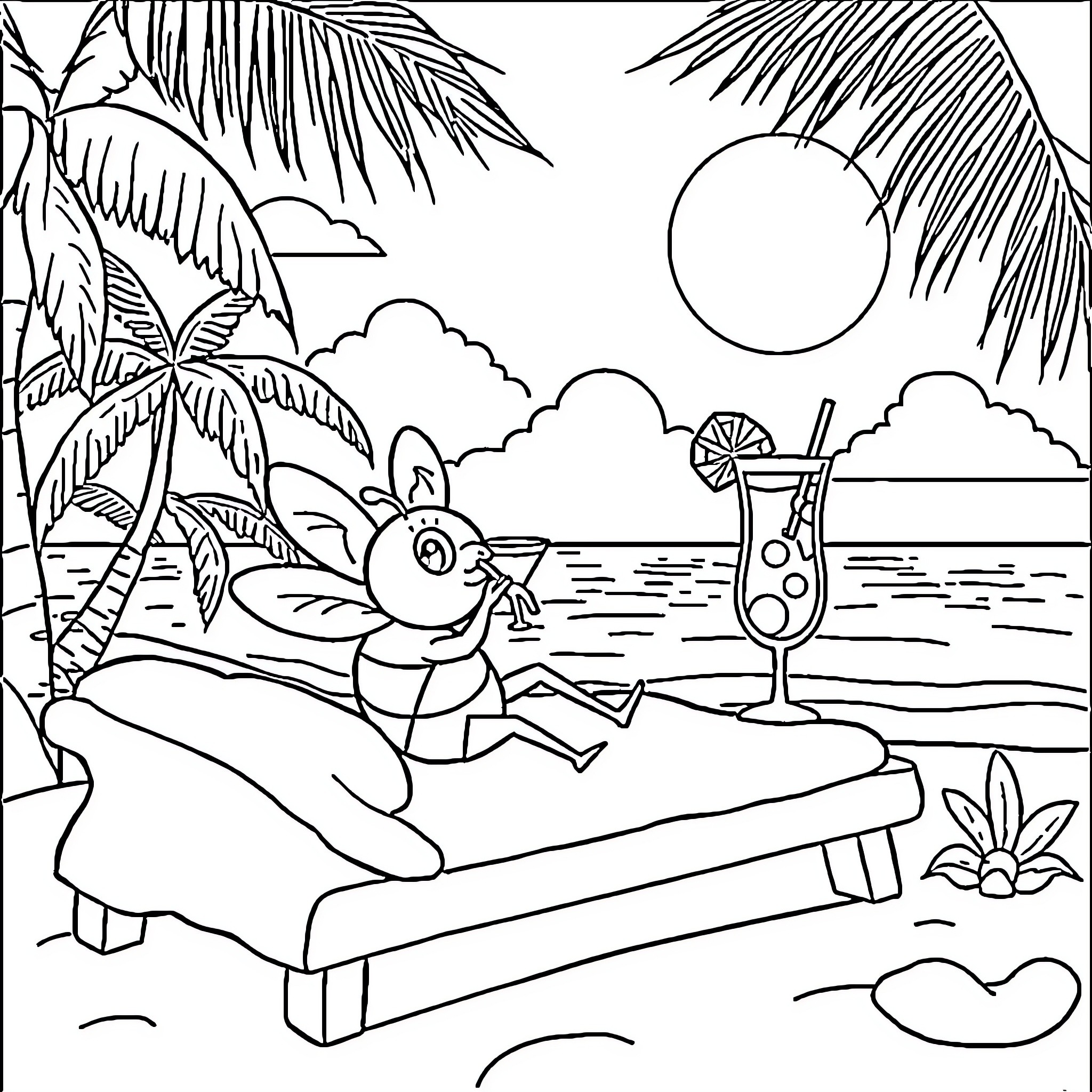 Bee relaxing on the beach with a tropical drink Coloring Page (free black-and-white line drawing printable PDF for all, from beginners to advanced learners, including children, teens, adults, and seniors)
