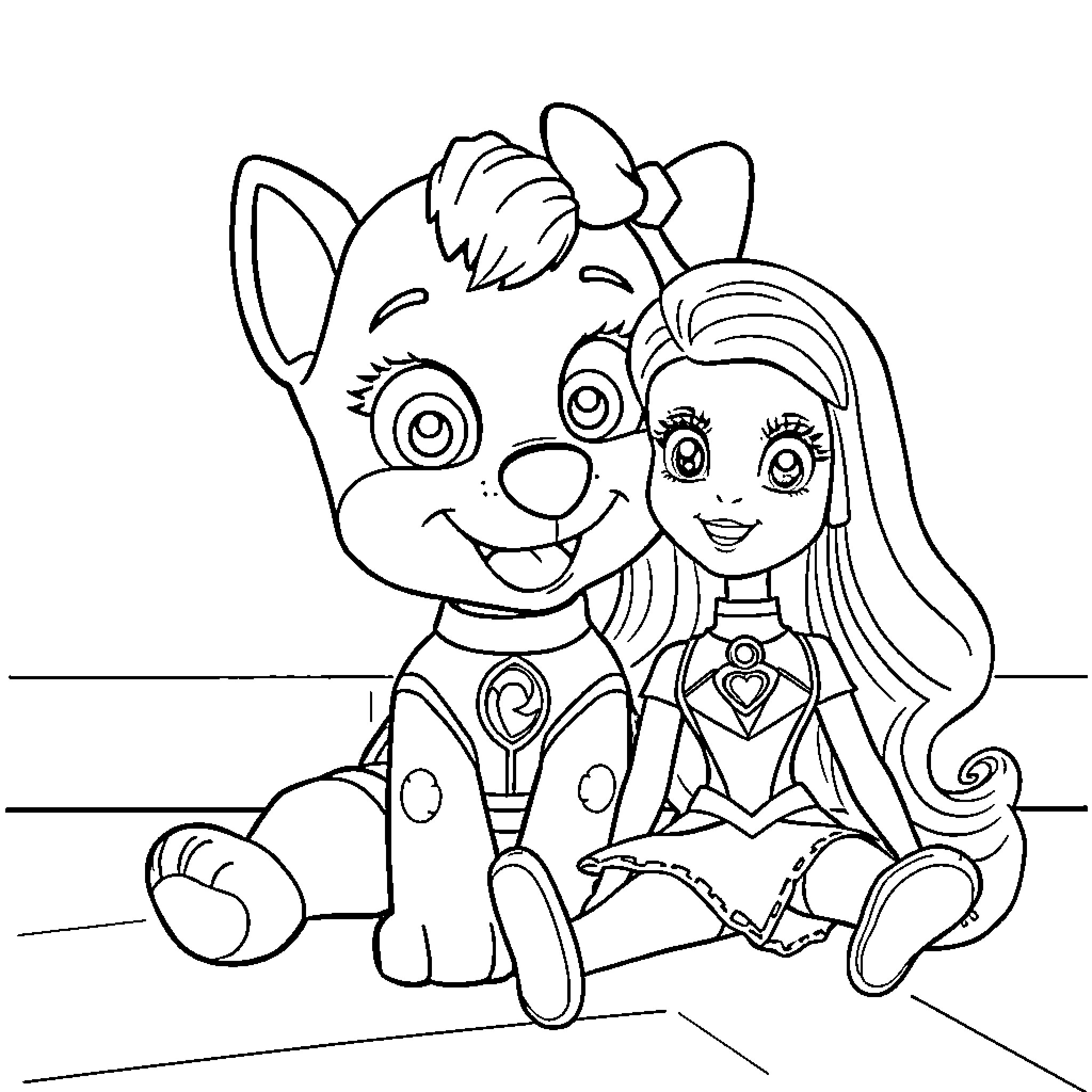 Stella's Playful Adventure with Her Pup Companion Coloring Page (free black-and-white line drawing printable PDF for all, from beginners to advanced learners, including children, teens, adults, and seniors)