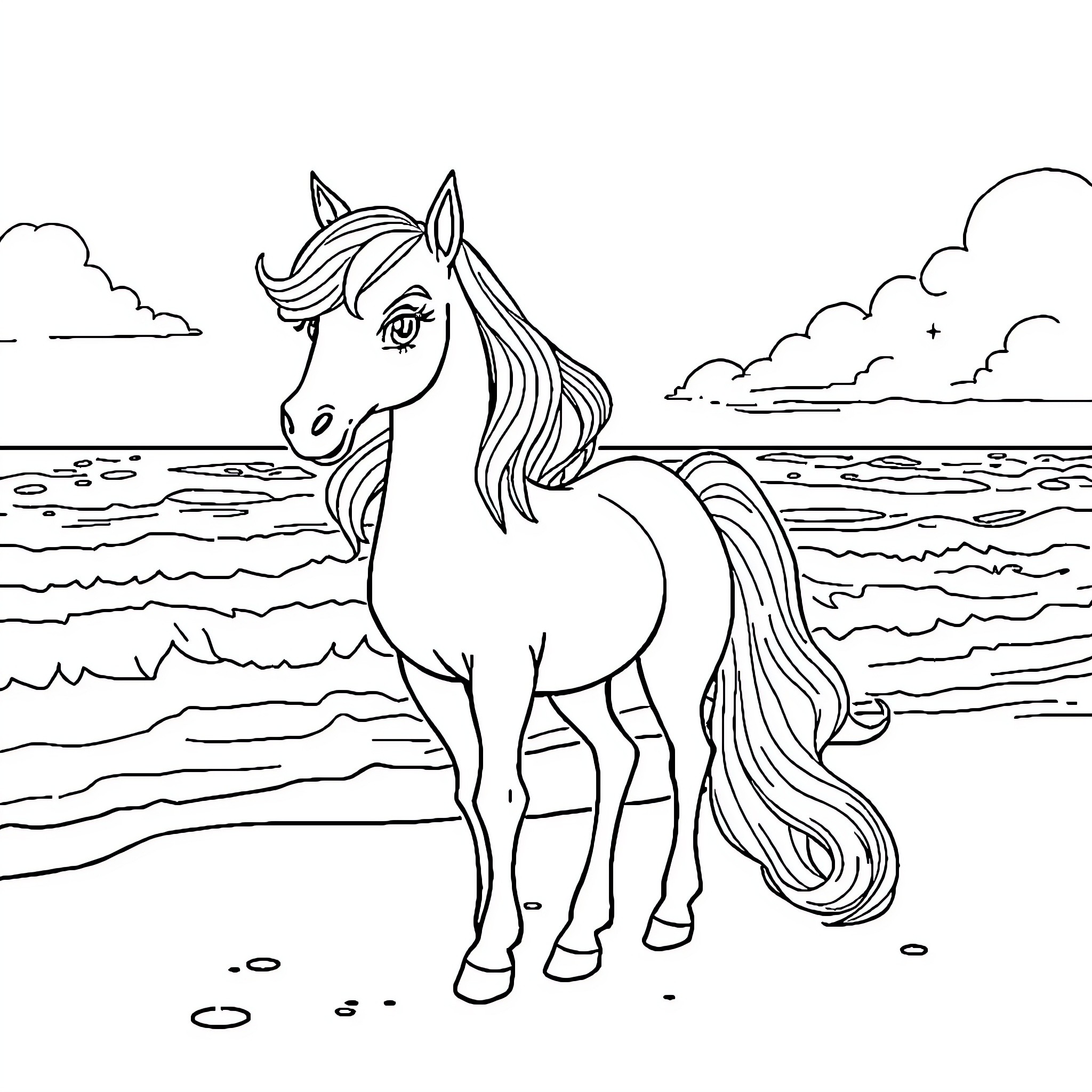 Pony enjoying a beach day Coloring Page (free black-and-white line drawing printable PDF for all, from beginners to advanced learners, including children, teens, adults, and seniors)