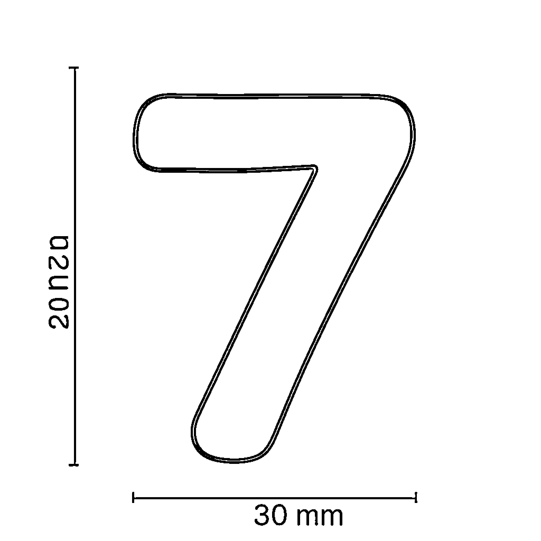 Number 7 outlined with measurement dimensions Coloring Page (free black-and-white line drawing printable PDF for all, from beginners to advanced learners, including children, teens, adults, and seniors)