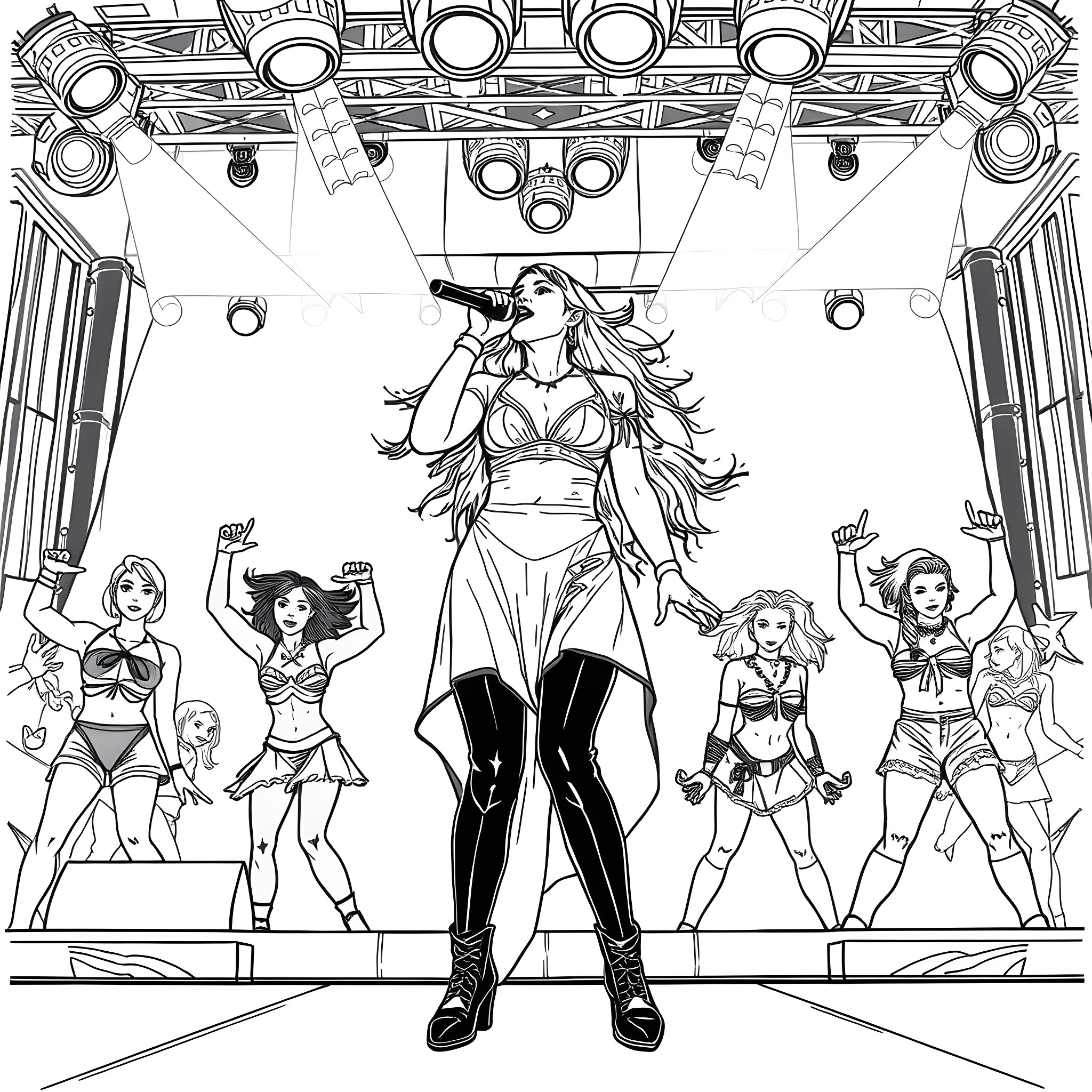 Loreen's Powerful Stage Presence with Backup Dancers Coloring Page (free black-and-white line drawing printable PDF for all, from beginners to advanced learners, including children, teens, adults, and seniors)