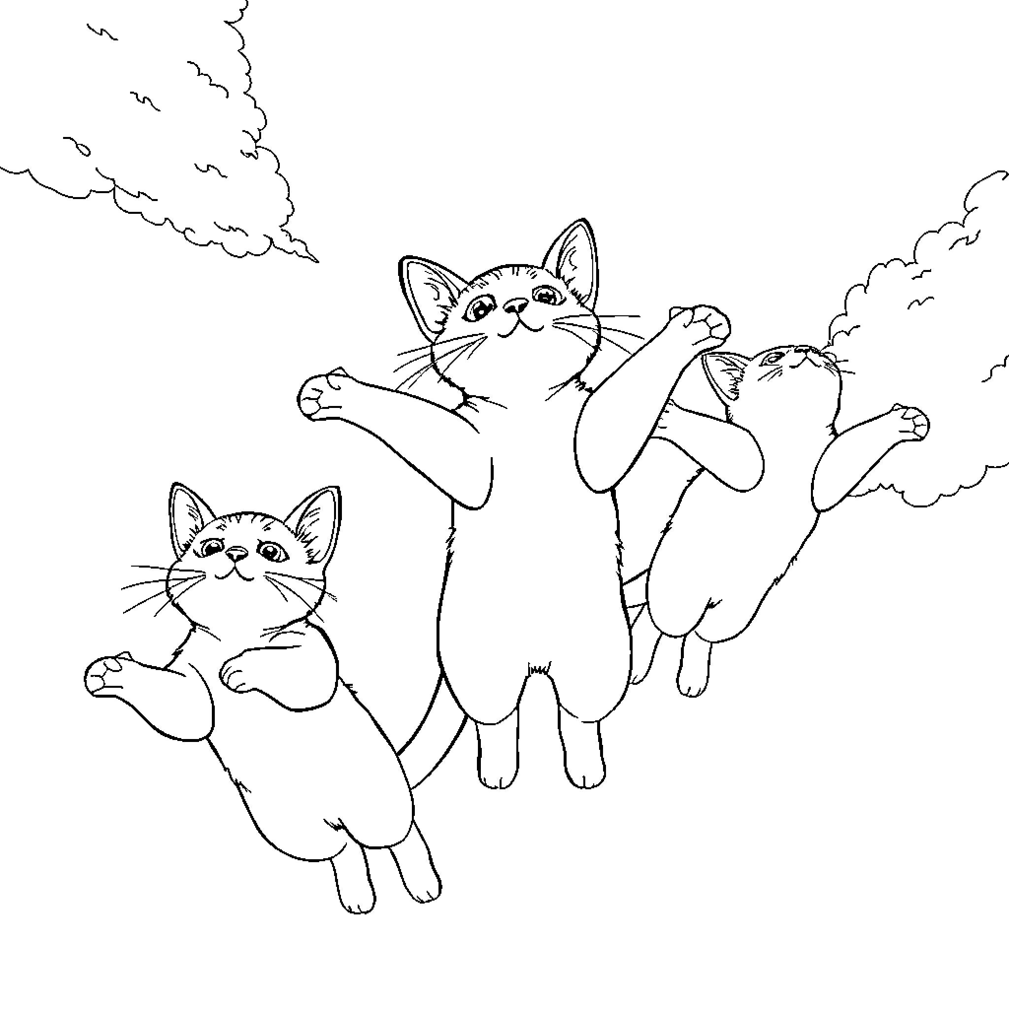 Cats playing joyfully in the clouds Coloring Page (free black-and-white line drawing printable PDF for all, from beginners to advanced learners, including children, teens, adults, and seniors)