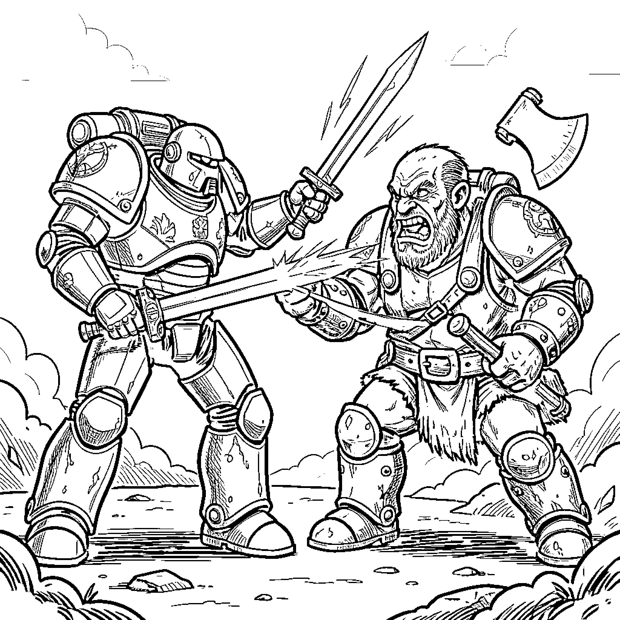 Space Marine Battle Against Armored Foe Coloring Page (free black-and-white line drawing printable PDF for all, from beginners to advanced learners, including children, teens, adults, and seniors)