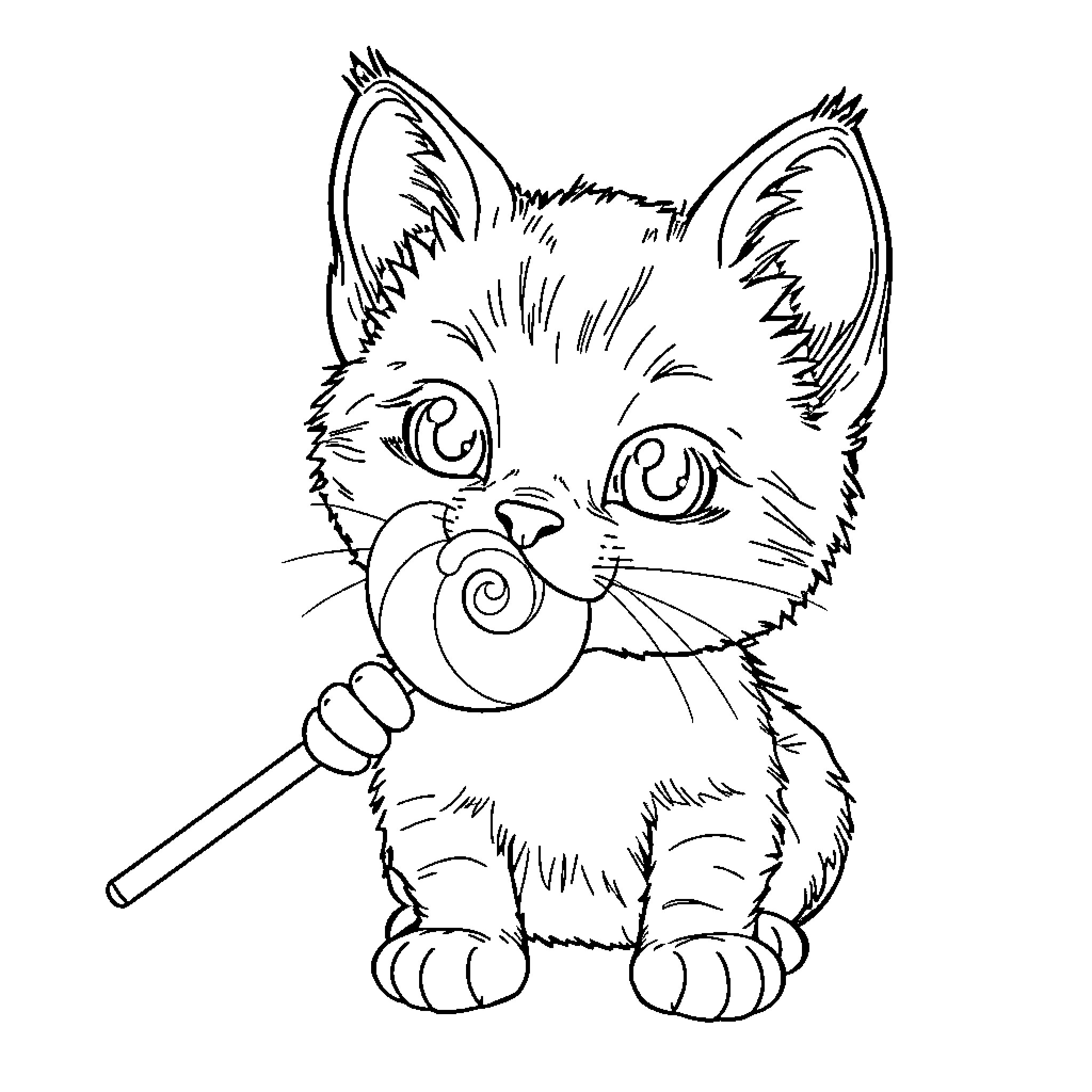 Cat examining a swirl with curiosity Coloring Page (free black-and-white line drawing printable PDF for all, from beginners to advanced learners, including children, teens, adults, and seniors)