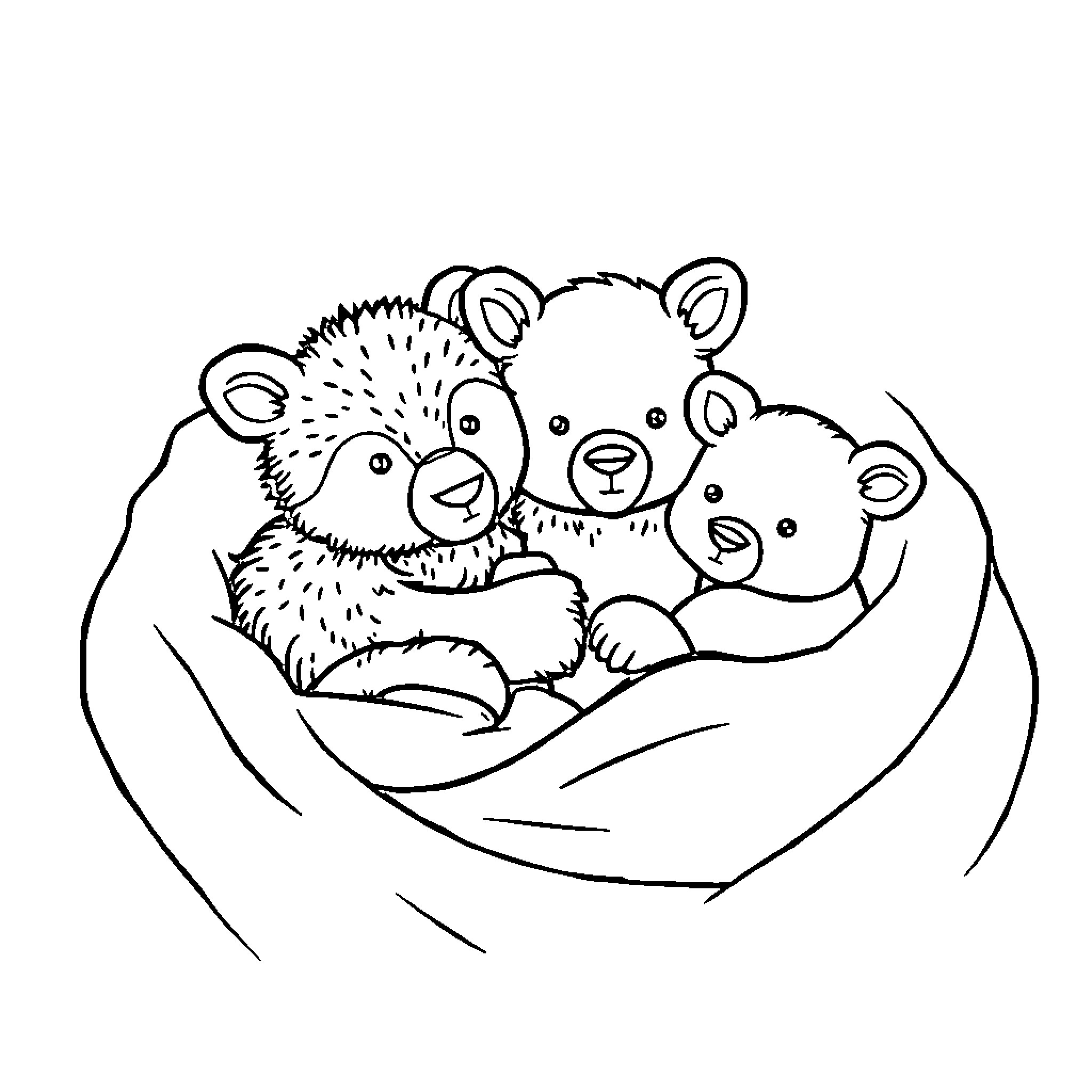 Animal Cuddly Bears in Cozy Nest Coloring Page (free black-and-white line drawing printable PDF for all, from beginners to advanced learners, including children, teens, adults, and seniors)