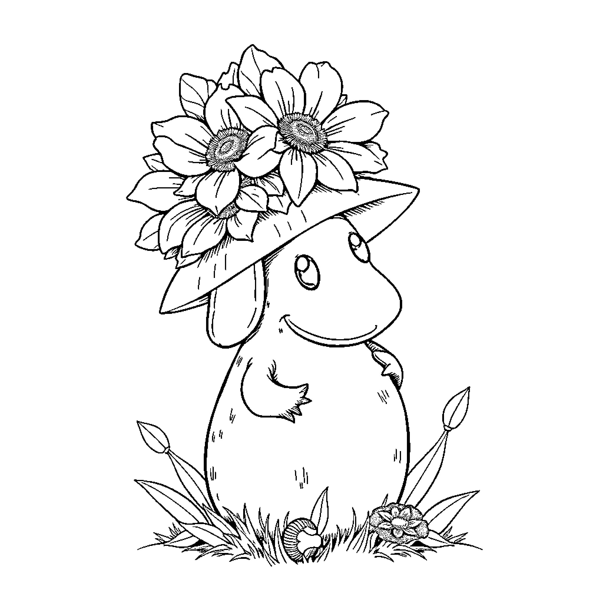 Toe Flower-Wearing Adorable Creature in Nature Coloring Page (free black-and-white line drawing printable PDF for all, from beginners to advanced learners, including children, teens, adults, and seniors)