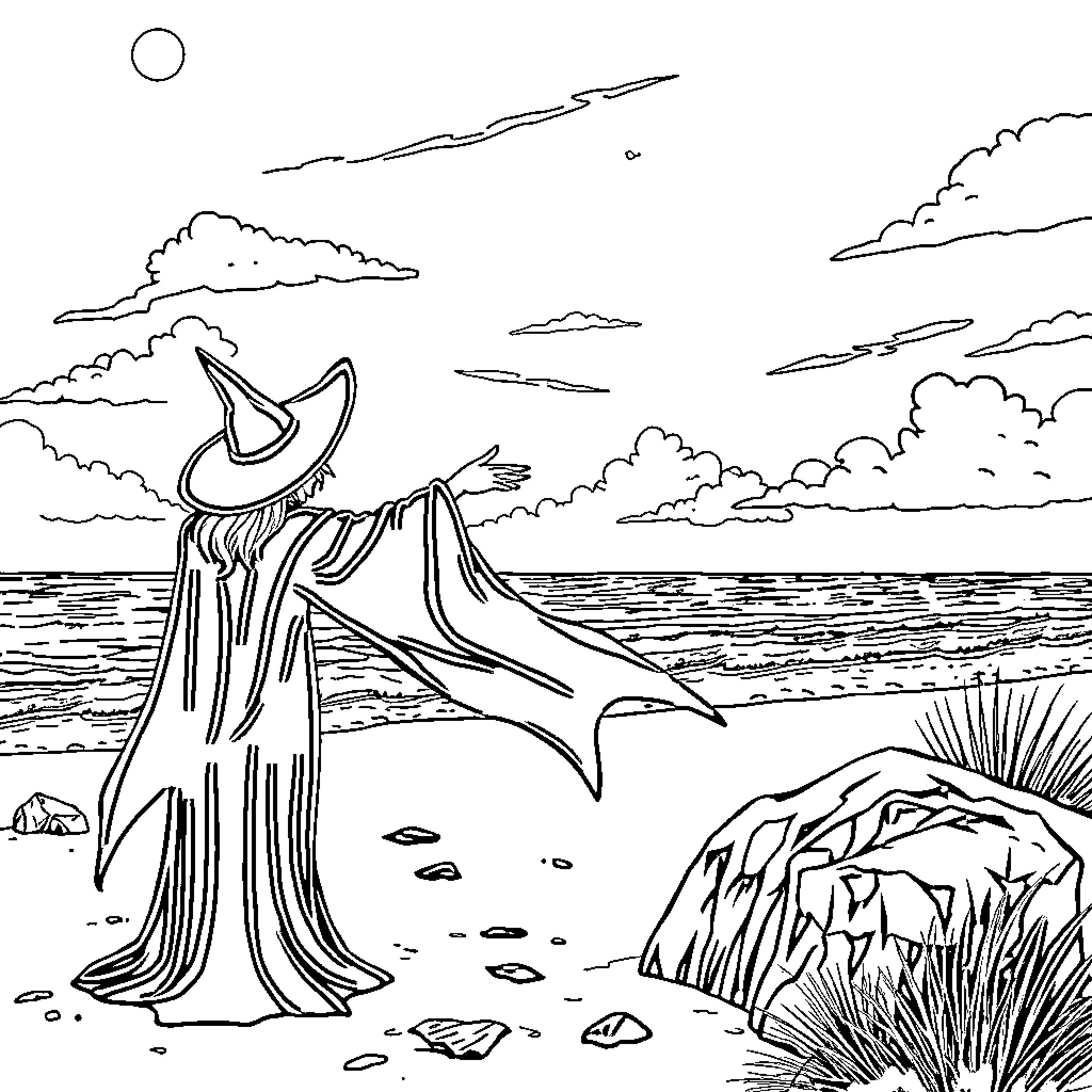 Sorceress conjuring magic by the shore Coloring Page (free black-and-white line drawing printable PDF for all, from beginners to advanced learners, including children, teens, adults, and seniors)