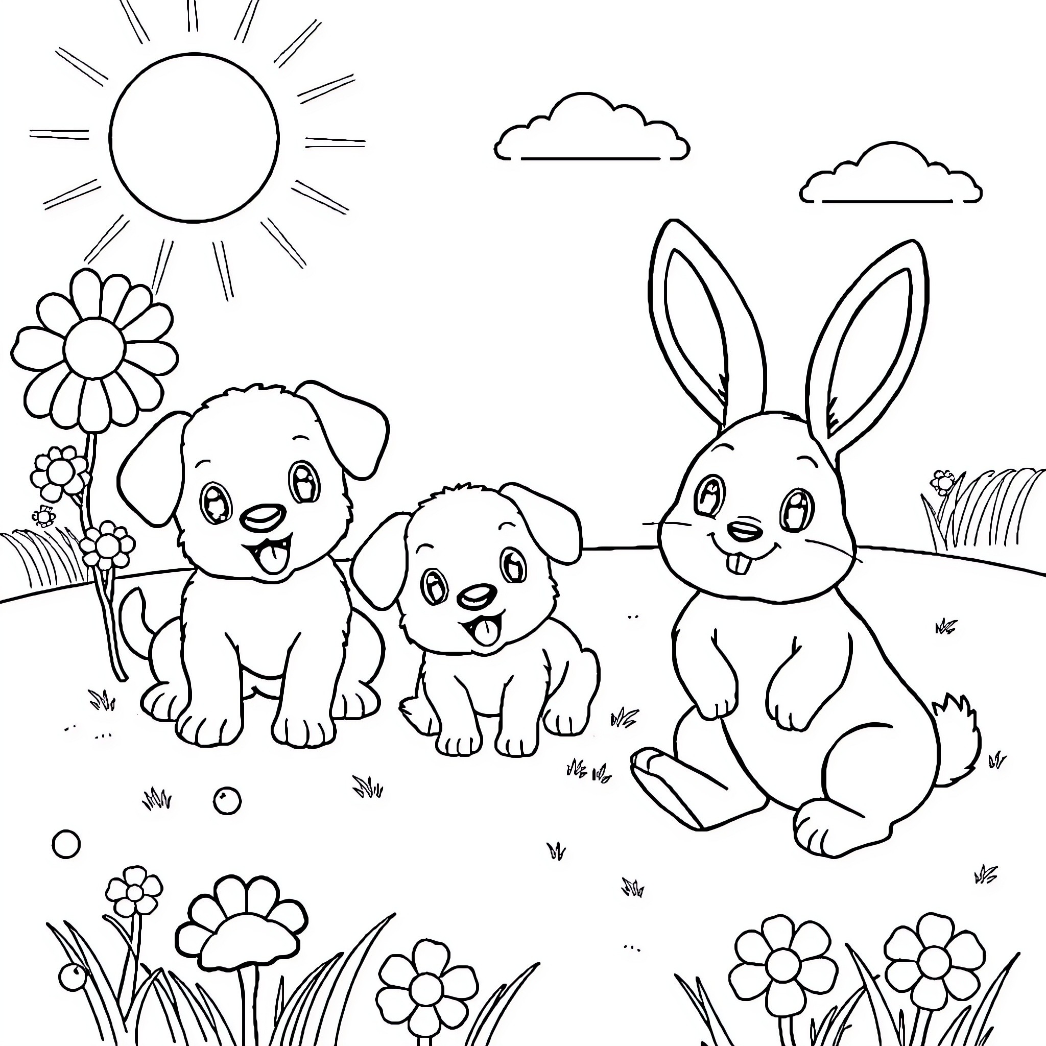 Animal friends playing in the park Coloring Page (free black-and-white line drawing printable PDF for all, from beginners to advanced learners, including children, teens, adults, and seniors)
