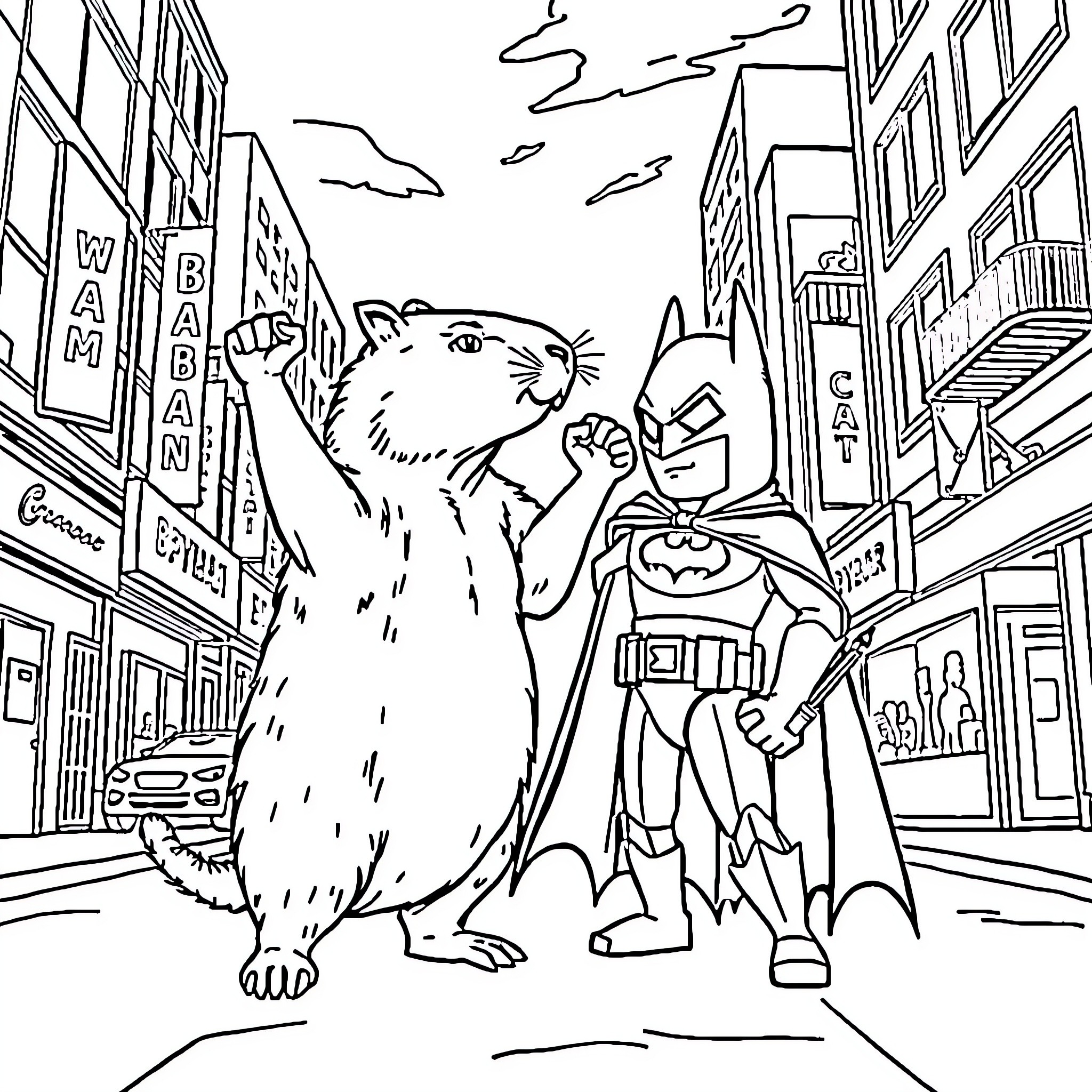 Capybara and Batman exploring the city Coloring Page (free black-and-white line drawing printable PDF for all, from beginners to advanced learners, including children, teens, adults, and seniors)