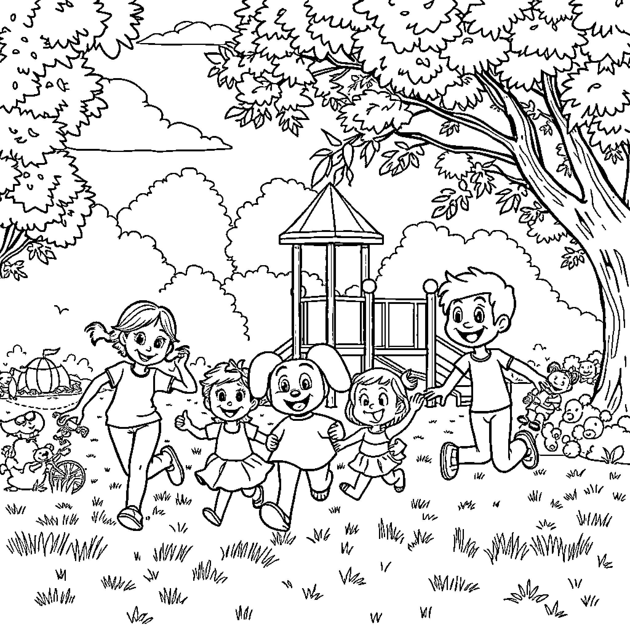 Bluey's Joyful Outdoor Adventure Coloring Page (free black-and-white line drawing printable PDF for all, from beginners to advanced learners, including children, teens, adults, and seniors)