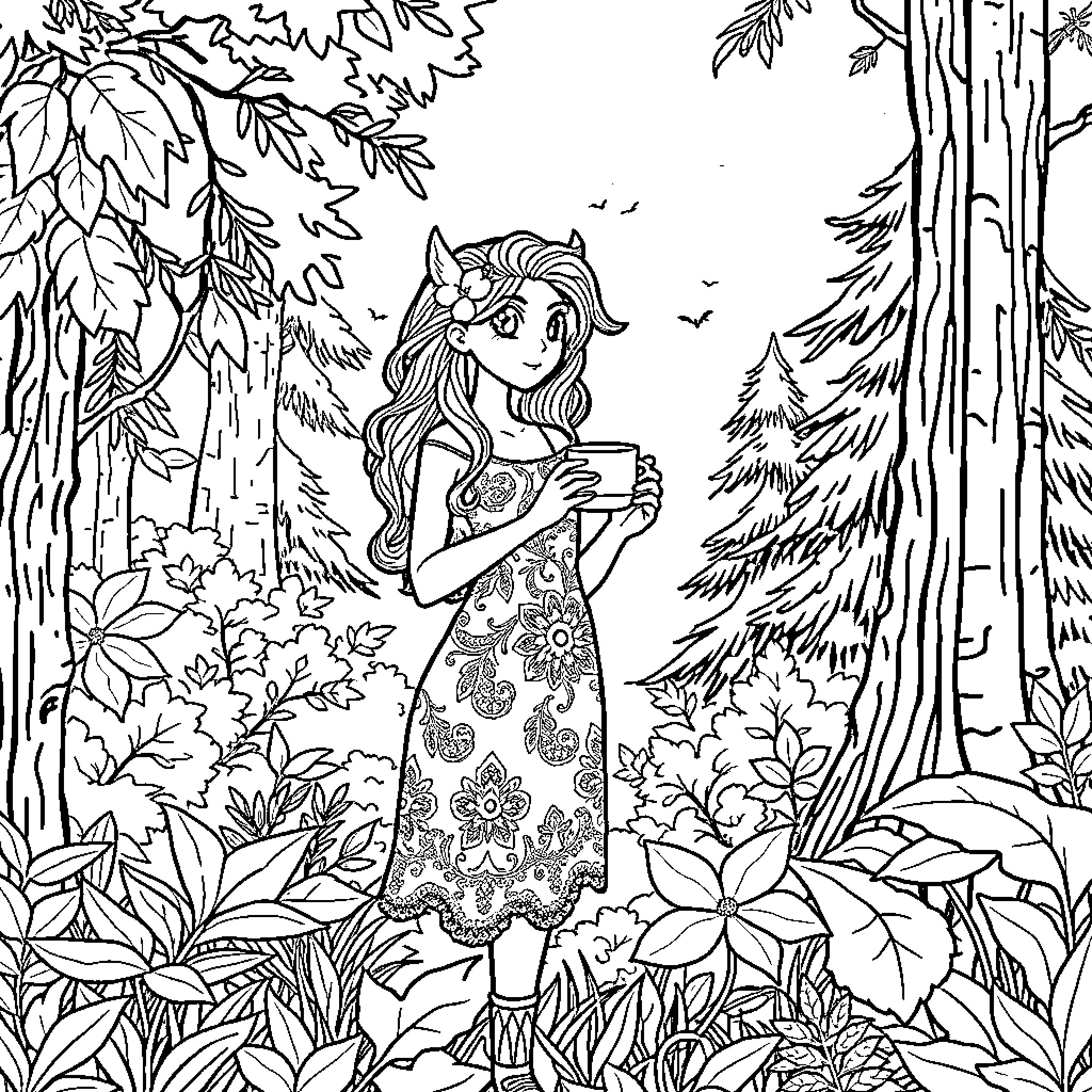 Gaea admiring nature's beauty in the forest Coloring Page (free black-and-white line drawing printable PDF for all, from beginners to advanced learners, including children, teens, adults, and seniors)