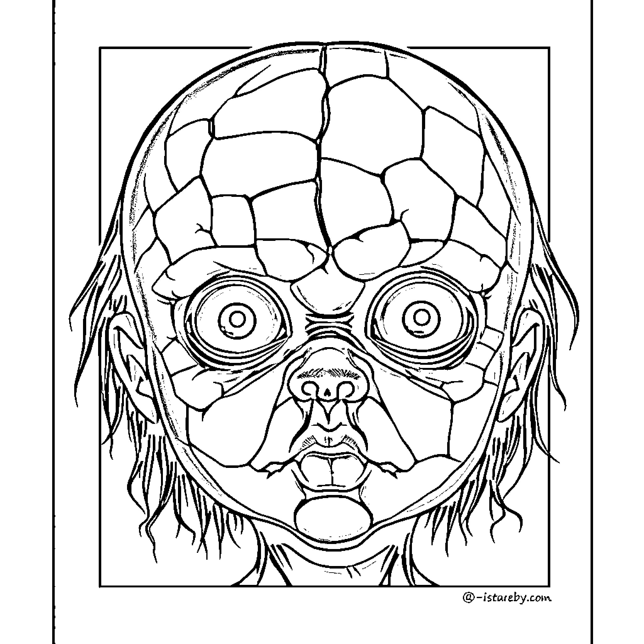 Doll with Cracked Face and Distressed Features Coloring Page (free black-and-white line drawing printable PDF for all, from beginners to advanced learners, including children, teens, adults, and seniors)