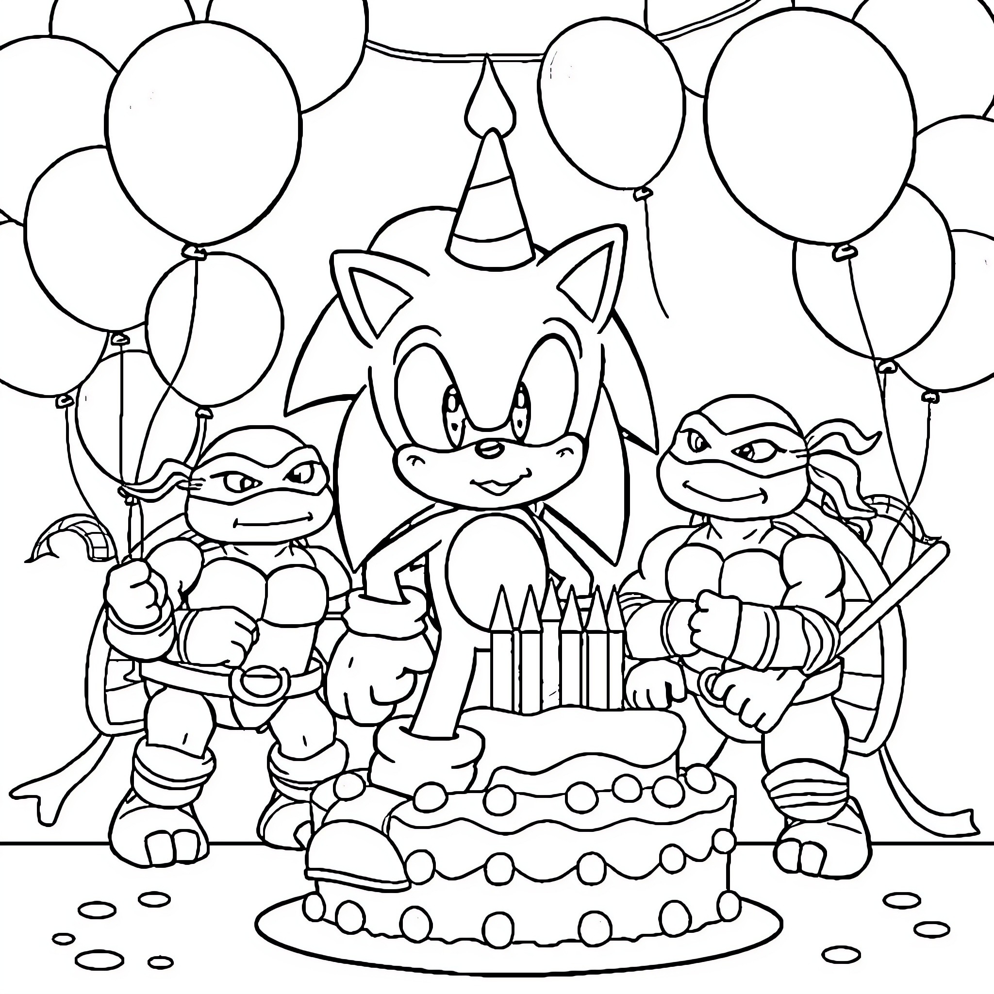 Sonic and Friends Celebrate a Birthday Party Coloring Page (free black-and-white line drawing printable PDF for all, from beginners to advanced learners, including children, teens, adults, and seniors)