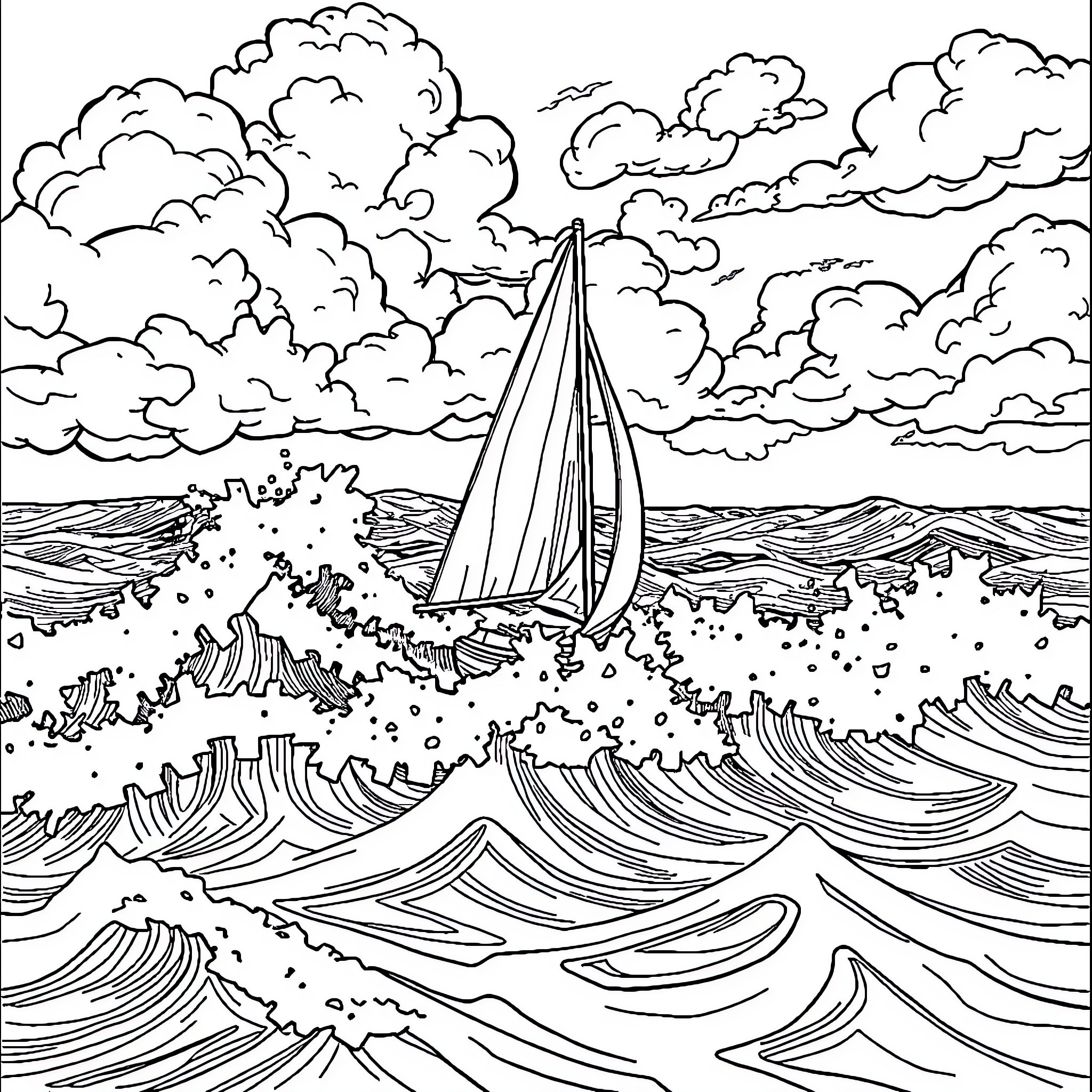 Sailboat navigating through stormy ocean waves Coloring Page (free black-and-white line drawing printable PDF for all, from beginners to advanced learners, including children, teens, adults, and seniors)