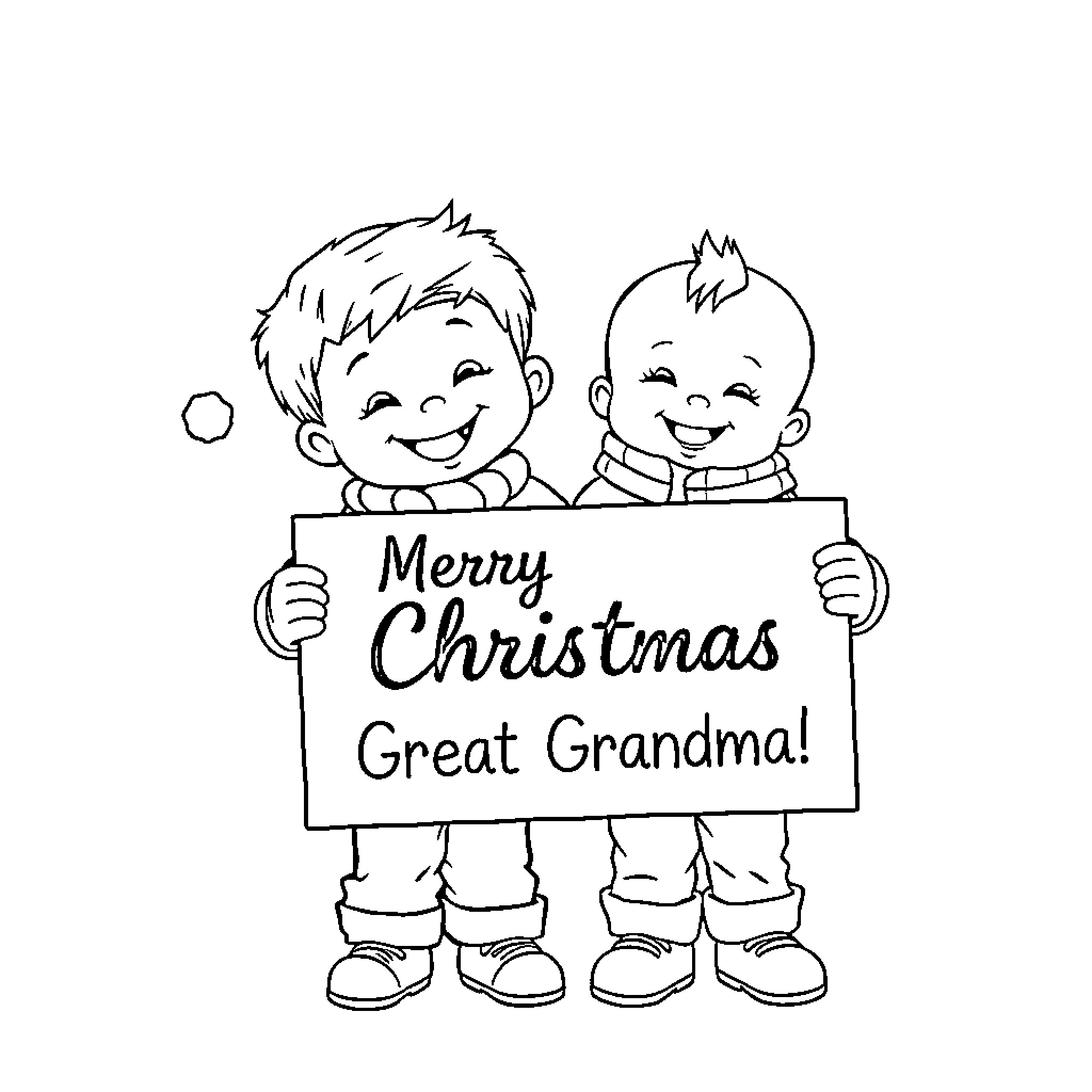 Boys sharing a joyful Christmas message Coloring Page (free black-and-white line drawing printable PDF for all, from beginners to advanced learners, including children, teens, adults, and seniors)