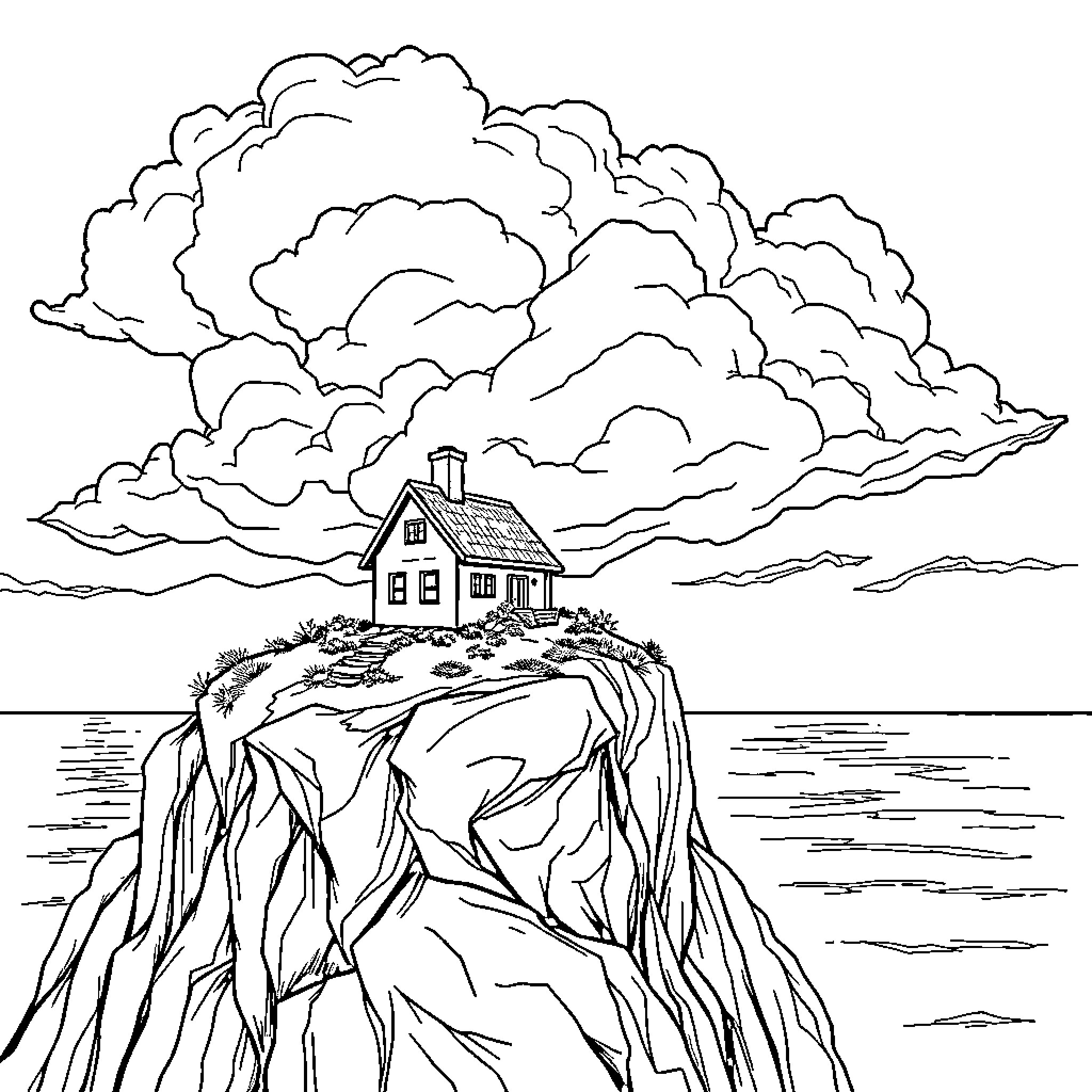 House on a Cliff Overlooking the Sea Coloring Page (free black-and-white line drawing printable PDF for all, from beginners to advanced learners, including children, teens, adults, and seniors)