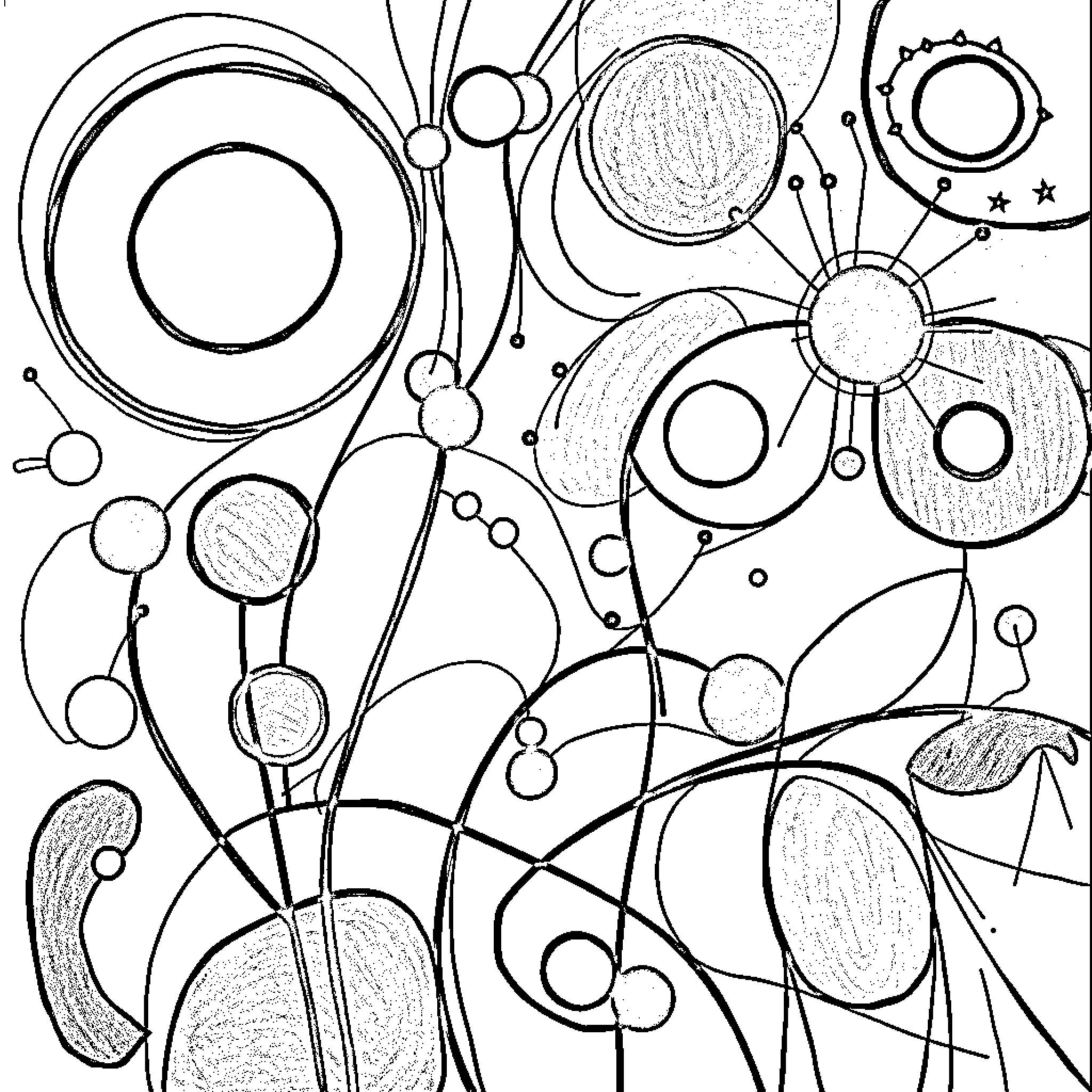 Kandinsky's Abstract Composition of Geometric Shapes Coloring Page (free black-and-white line drawing printable PDF for all, from beginners to advanced learners, including children, teens, adults, and seniors)