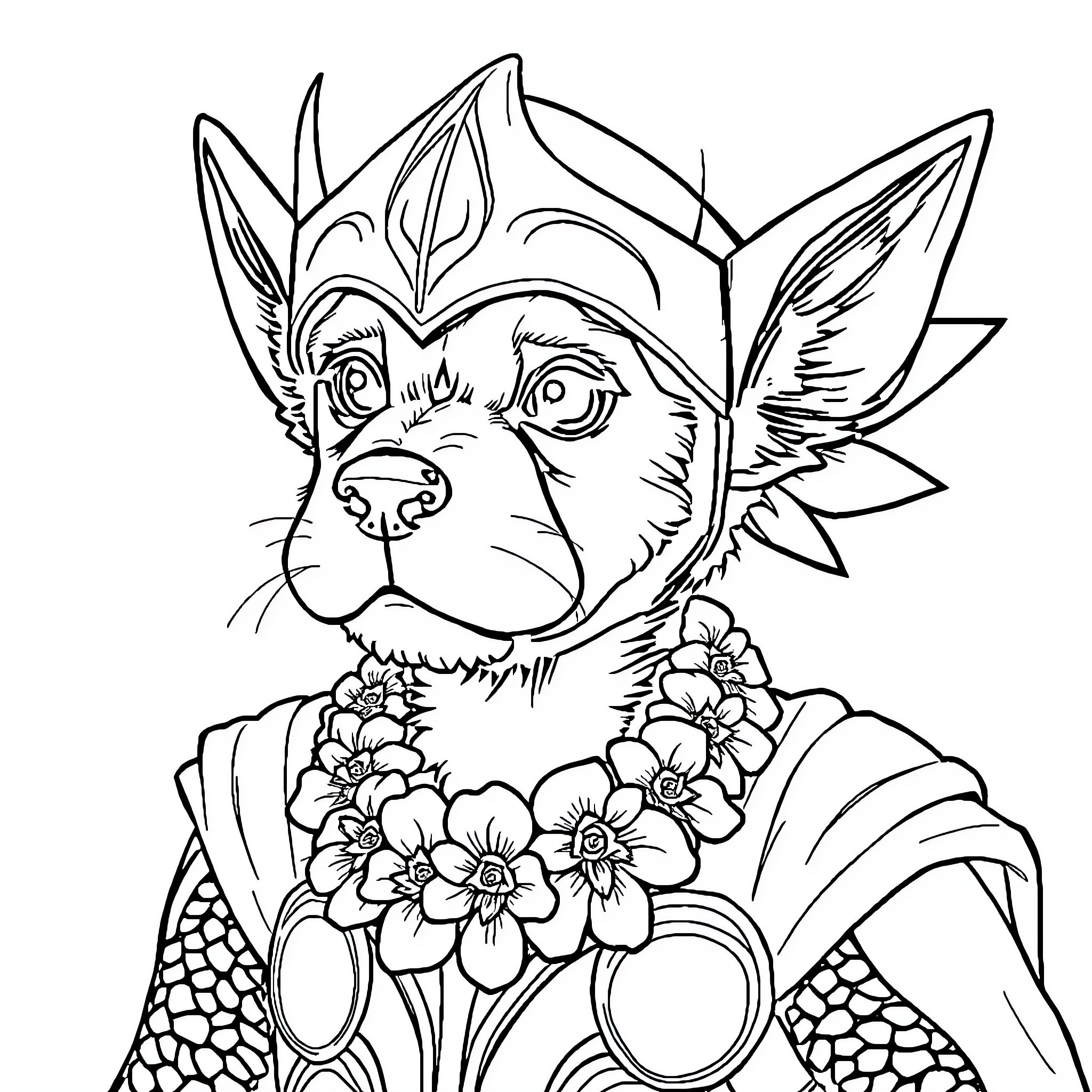 Thor the Heroic Dog Battling Foes with Flowers Coloring Page (free black-and-white line drawing printable PDF for all, from beginners to advanced learners, including children, teens, adults, and seniors)