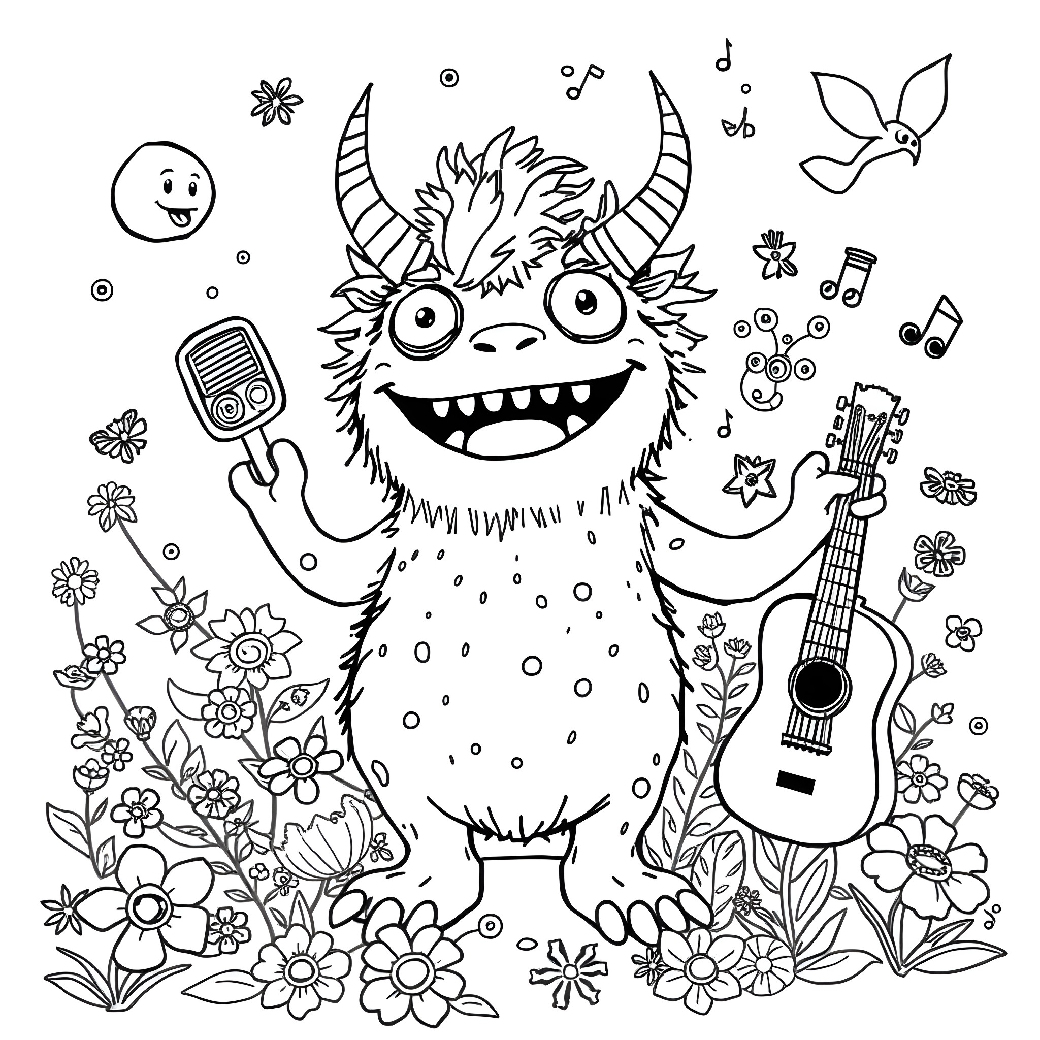 Monster singing and playing guitar in a floral scene Coloring Page (free black-and-white line drawing printable PDF for all, from beginners to advanced learners, including children, teens, adults, and seniors)