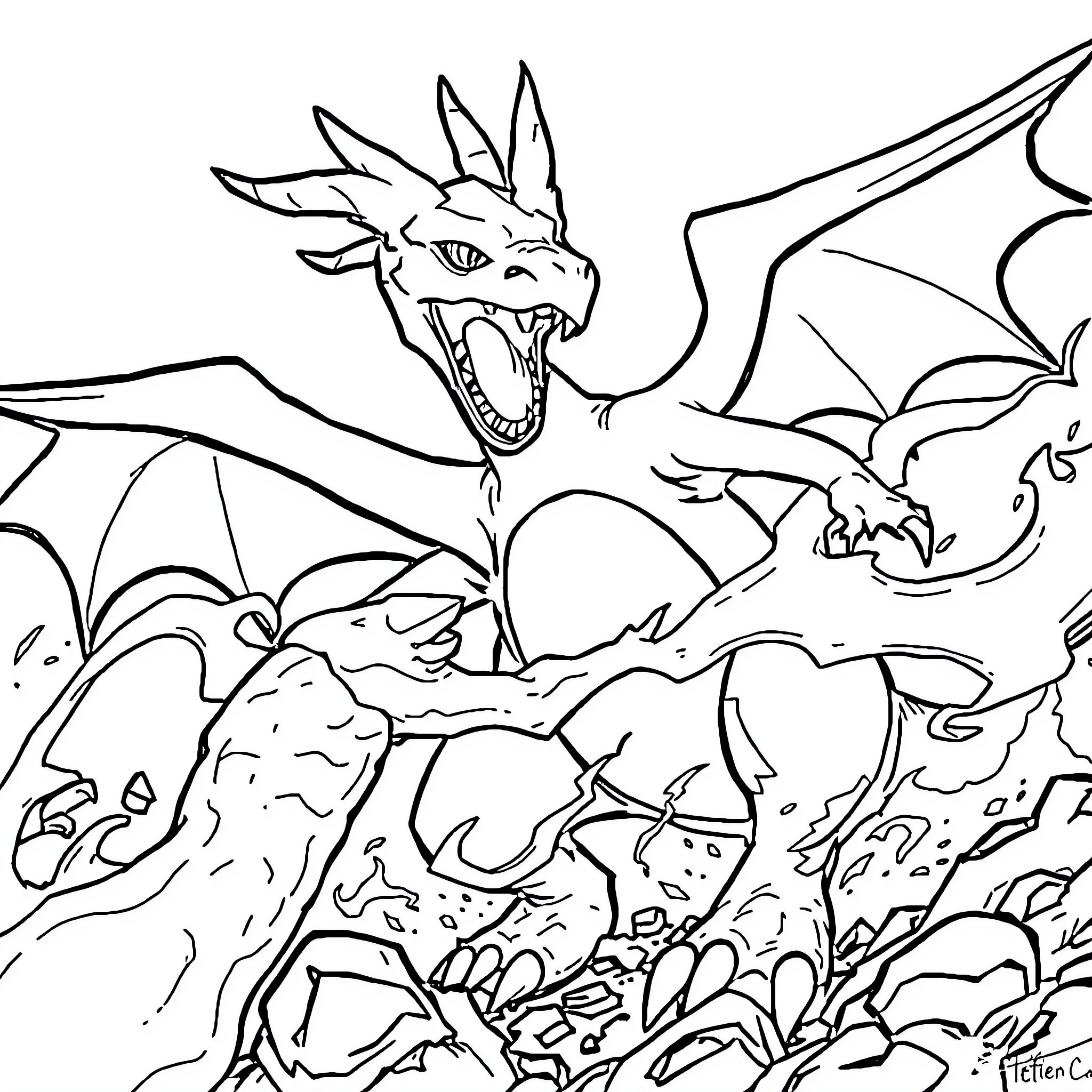 Charizard unleashing fiery breath in the wilderness Coloring Page (free black-and-white line drawing printable PDF for all, from beginners to advanced learners, including children, teens, adults, and seniors)