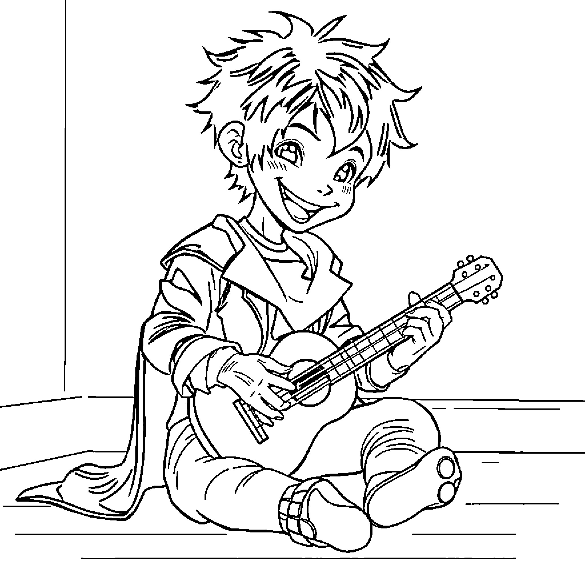 Eric Draven playing guitar on the ground Coloring Page (free black-and-white line drawing printable PDF for all, from beginners to advanced learners, including children, teens, adults, and seniors)