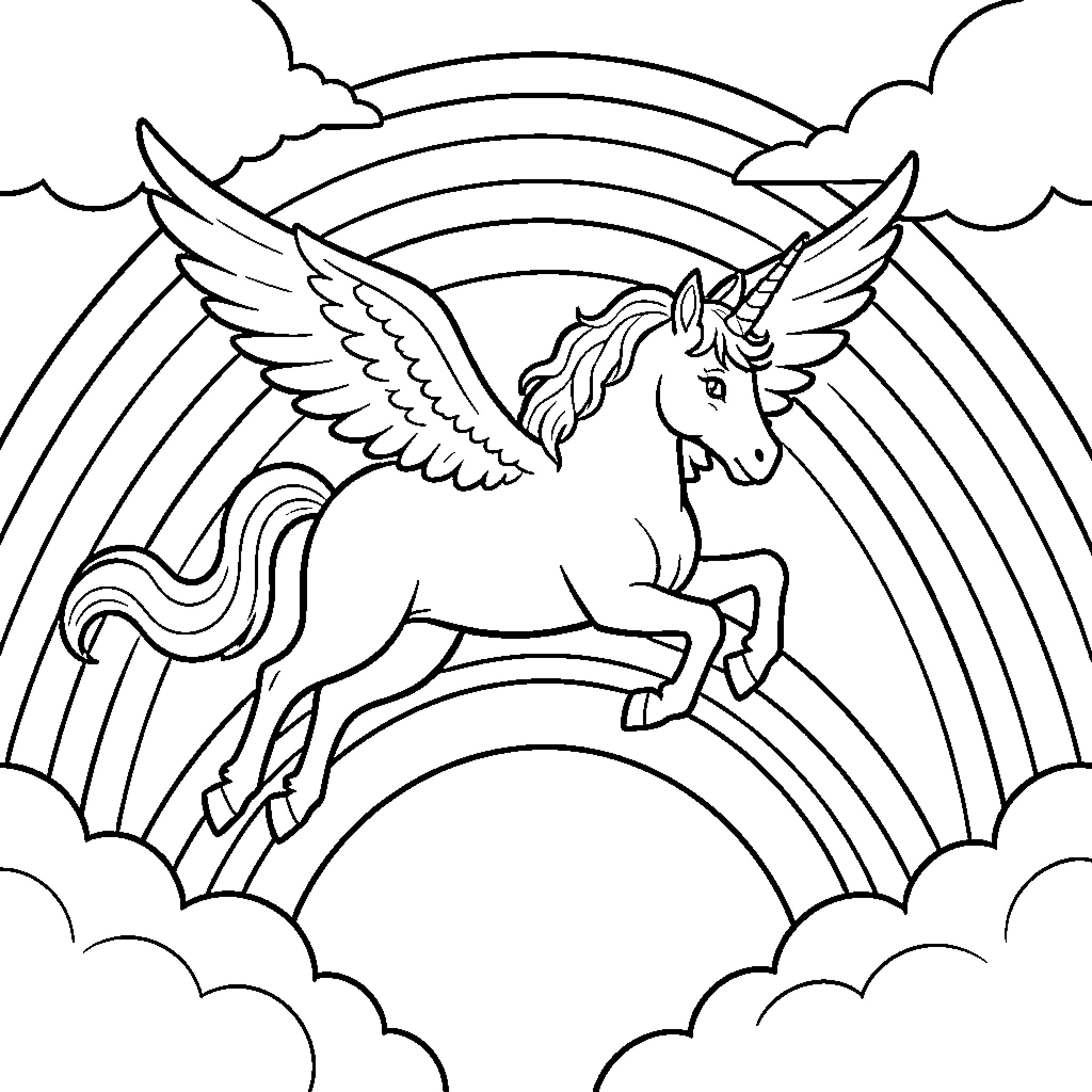 Unicorn flying majestically through clouds and over a rainbow Coloring Page (free black-and-white line drawing printable PDF for all, from beginners to advanced learners, including children, teens, adults, and seniors)