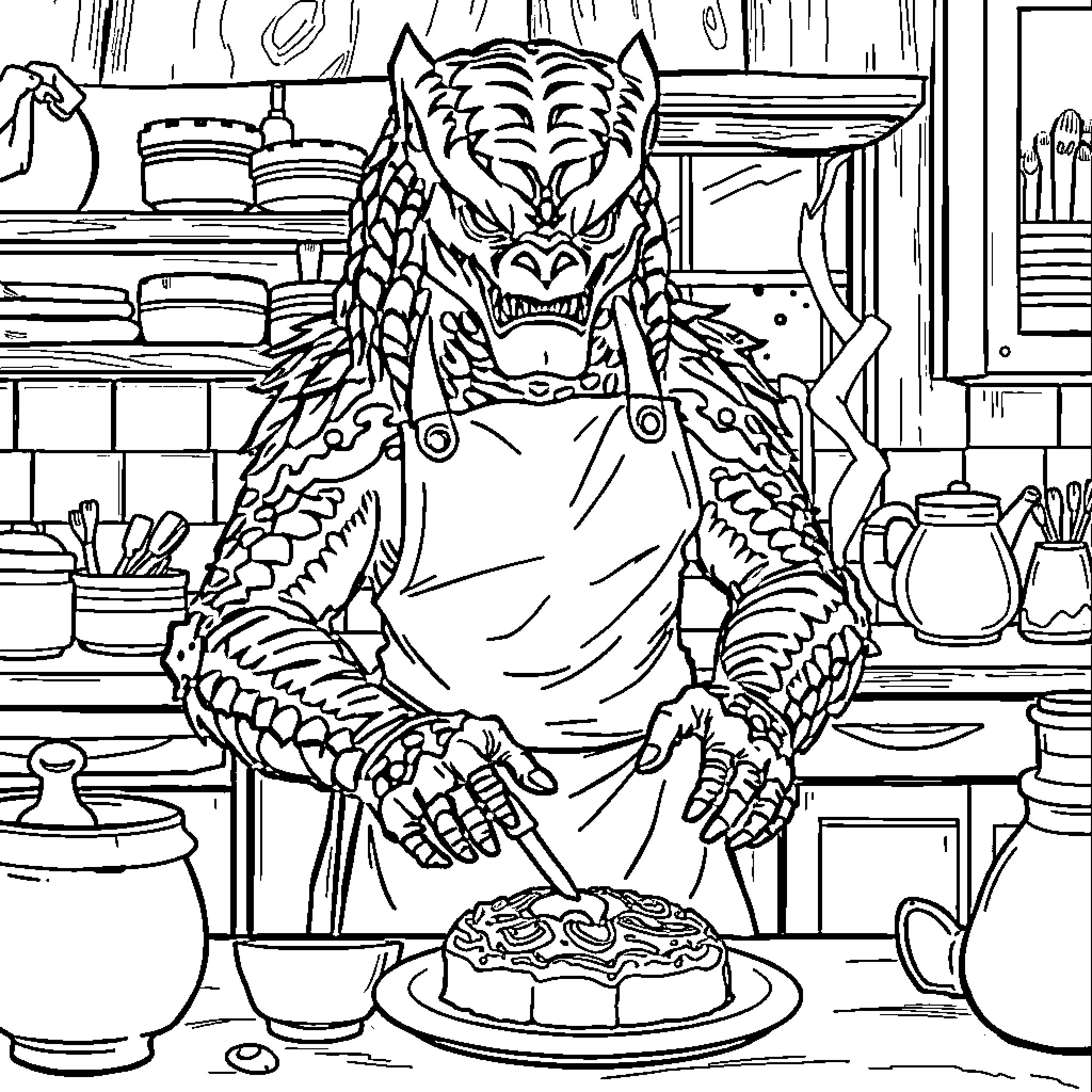 Predator Preparing a Meal in the Kitchen Coloring Page (free black-and-white line drawing printable PDF for all, from beginners to advanced learners, including children, teens, adults, and seniors)