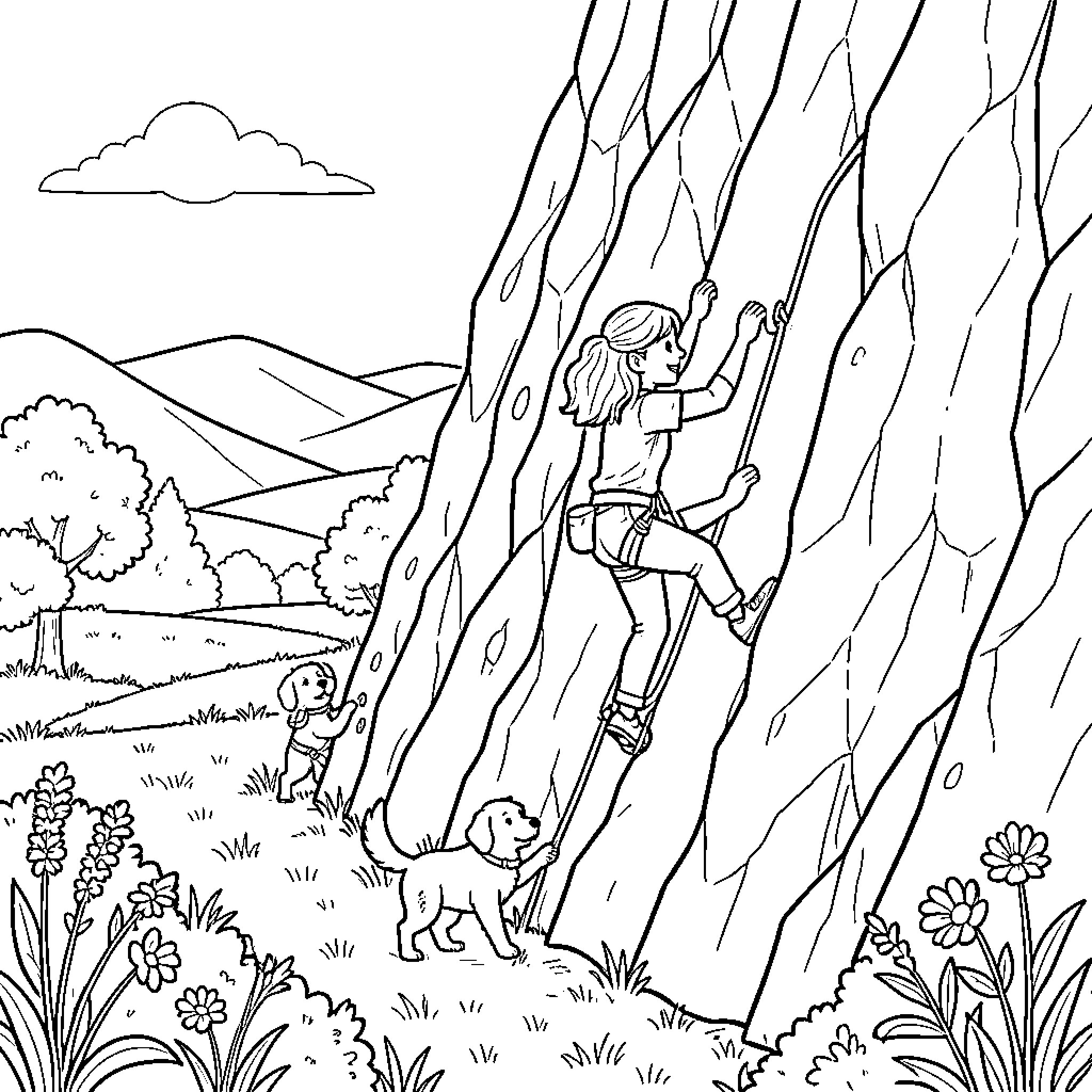 Climber scaling challenging rock face in nature Coloring Page (free black-and-white line drawing printable PDF for all, from beginners to advanced learners, including children, teens, adults, and seniors)