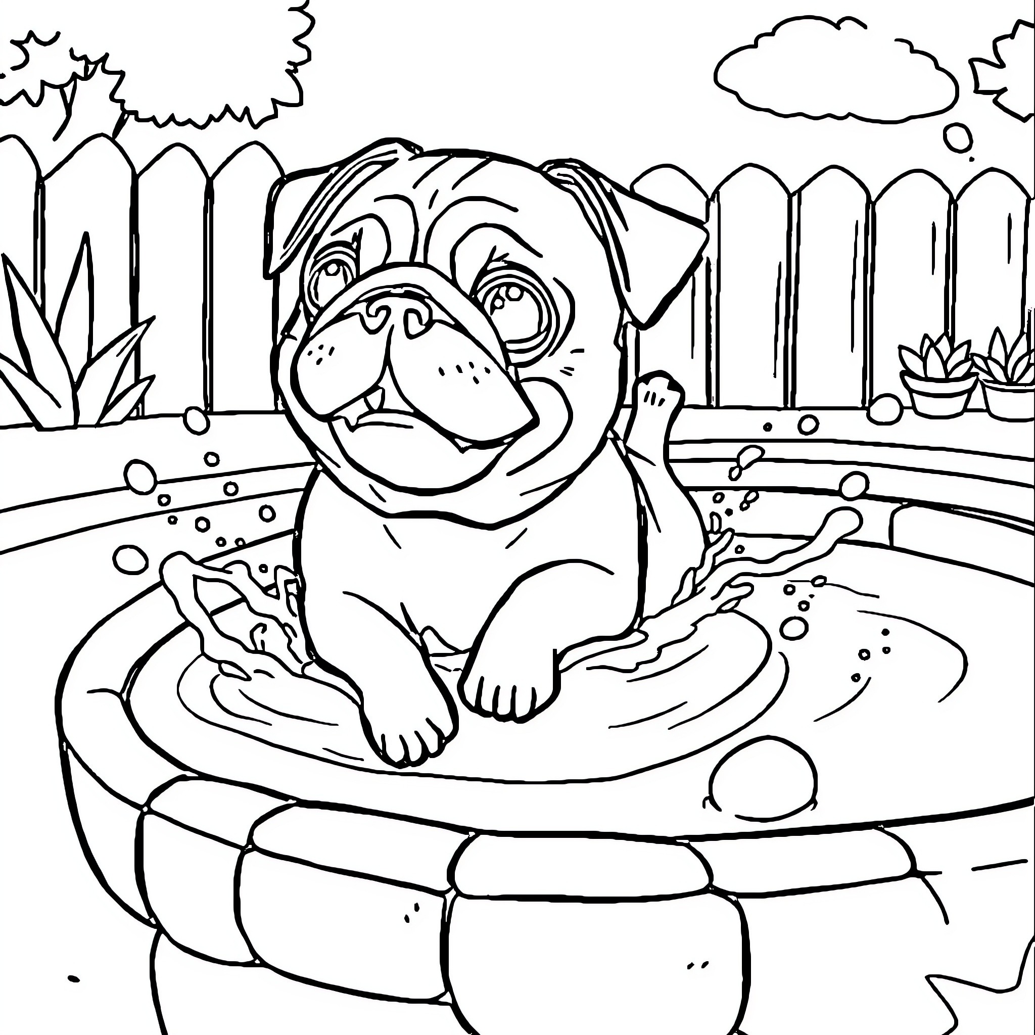 Pug playing happily in a kiddie pool Coloring Page (free black-and-white line drawing printable PDF for all, from beginners to advanced learners, including children, teens, adults, and seniors)