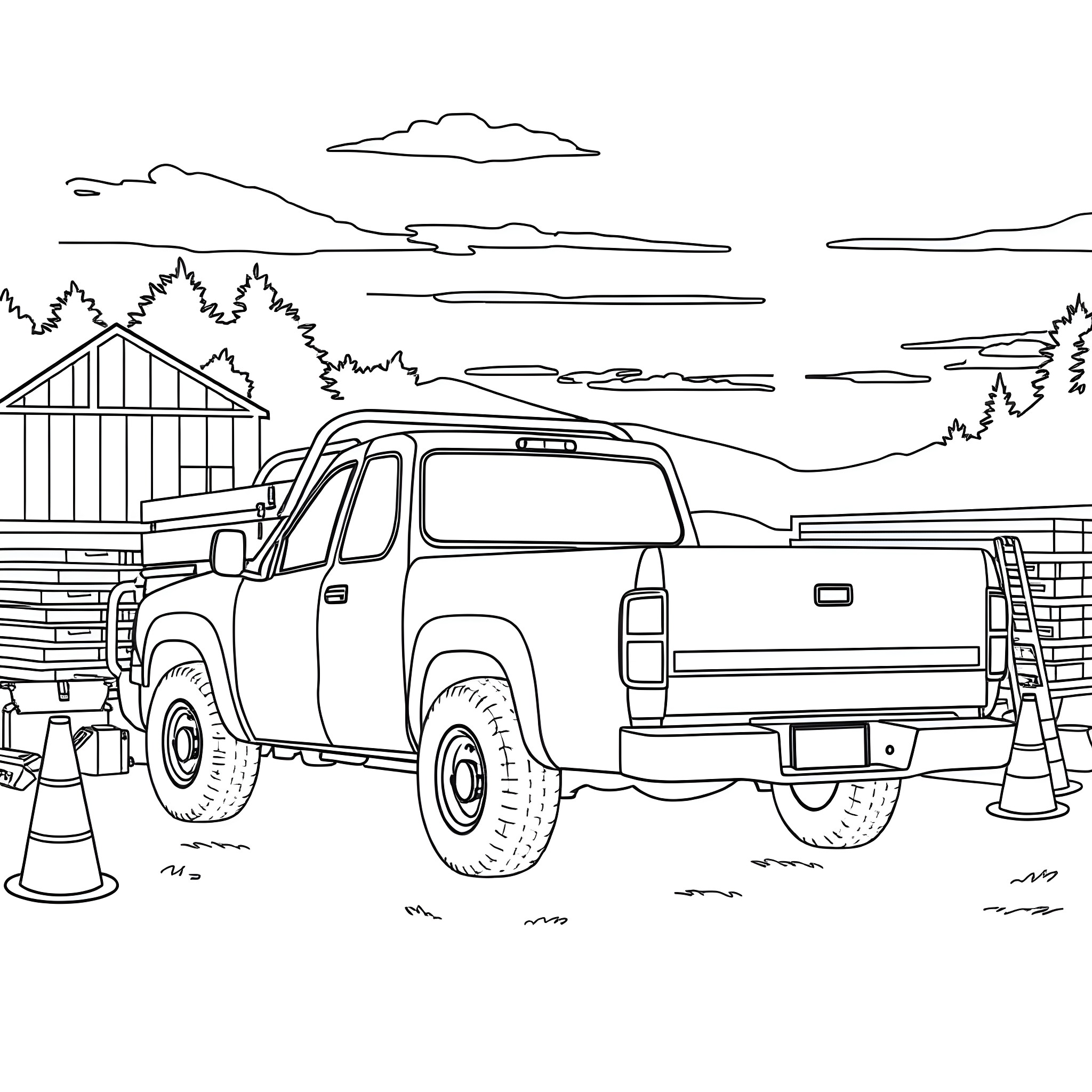 Pickup Truck Carrying Supplies on Rural Landscape Coloring Page (free black-and-white line drawing printable PDF for all, from beginners to advanced learners, including children, teens, adults, and seniors)