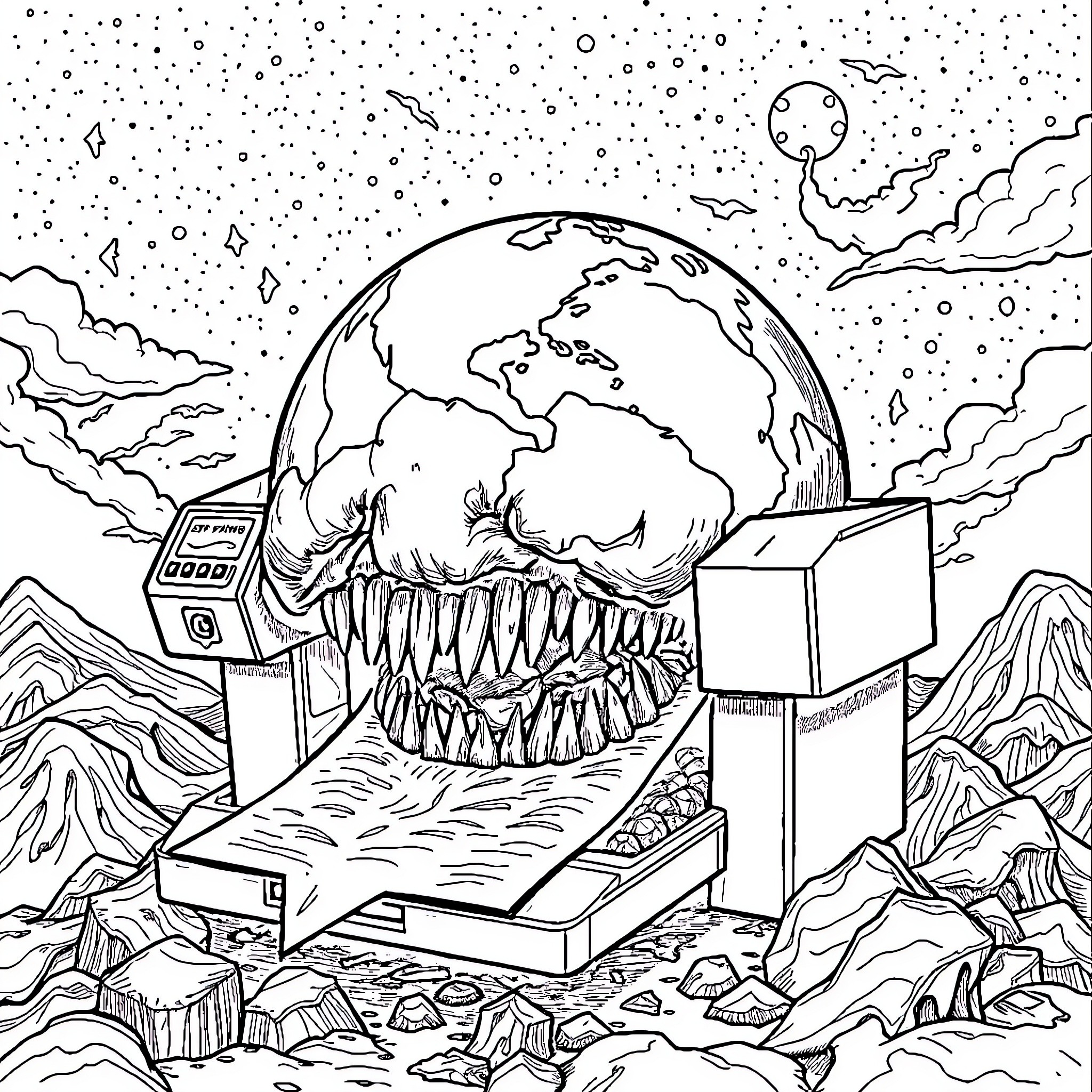 Imprimante dévore la planète Terre Coloring Page (free black-and-white line drawing printable PDF for all, from beginners to advanced learners, including children, teens, adults, and seniors)