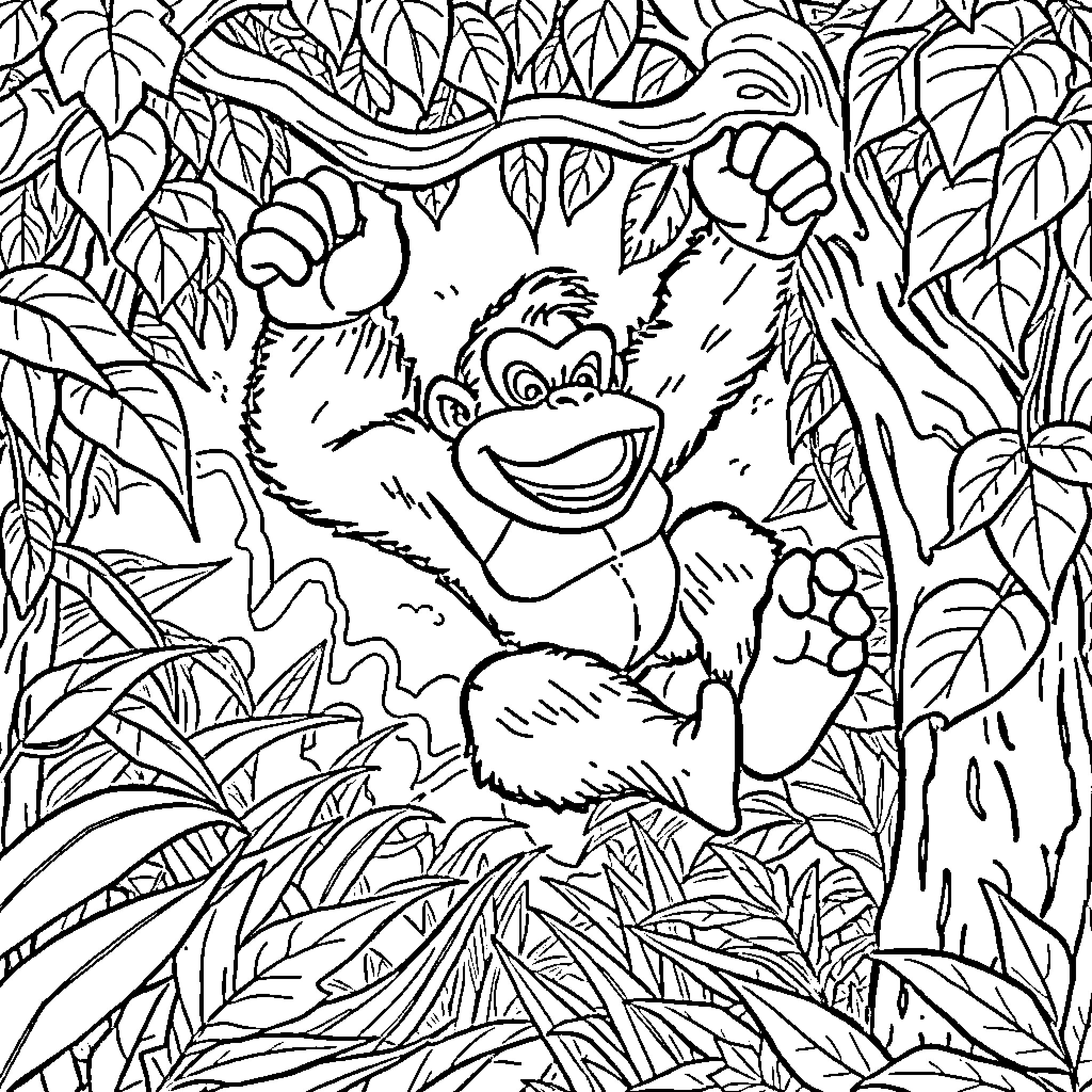Donkey Kong's Jungle Adventure Coloring Page (free black-and-white line drawing printable PDF for all, from beginners to advanced learners, including children, teens, adults, and seniors)