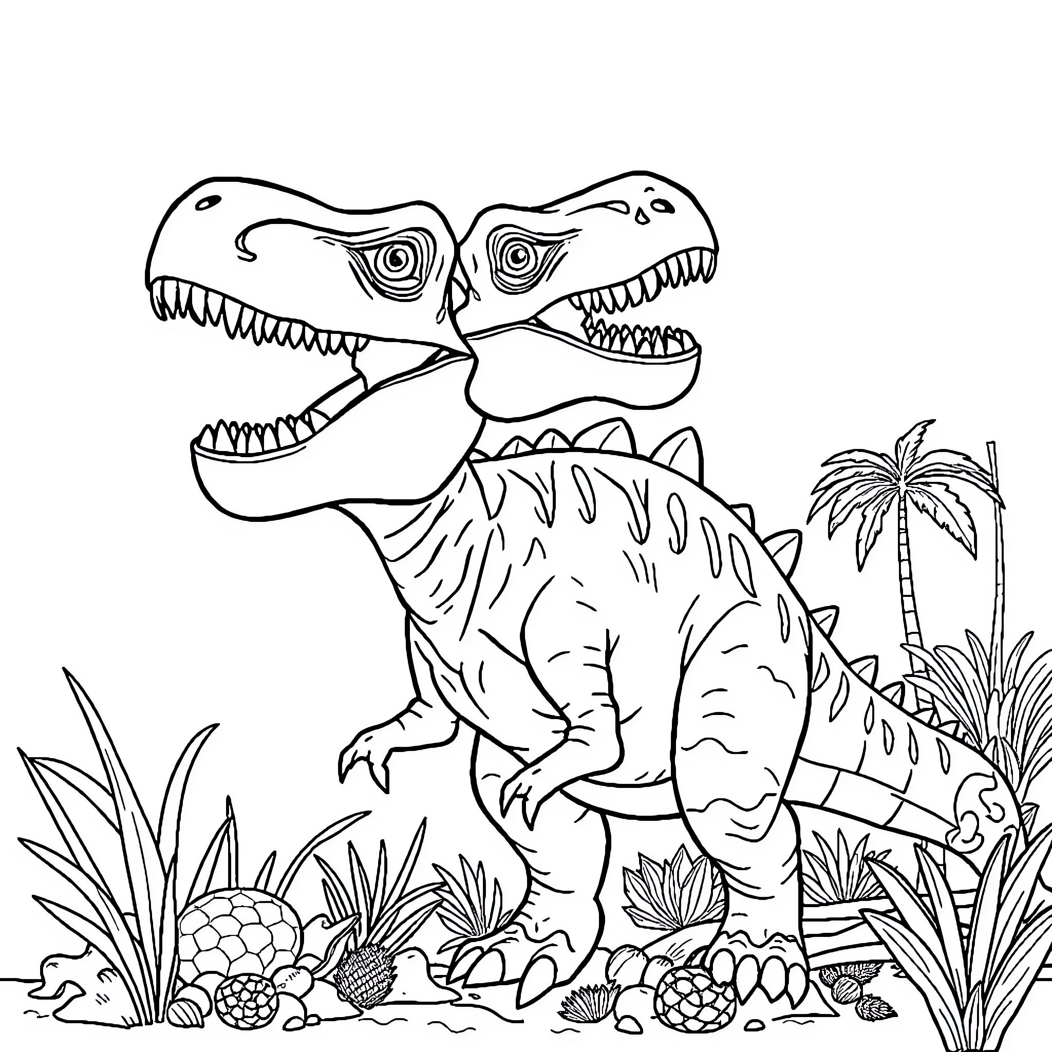 Dinosaur Duo Battling in Prehistoric Jungle Coloring Page (free black-and-white line drawing printable PDF for all, from beginners to advanced learners, including children, teens, adults, and seniors)